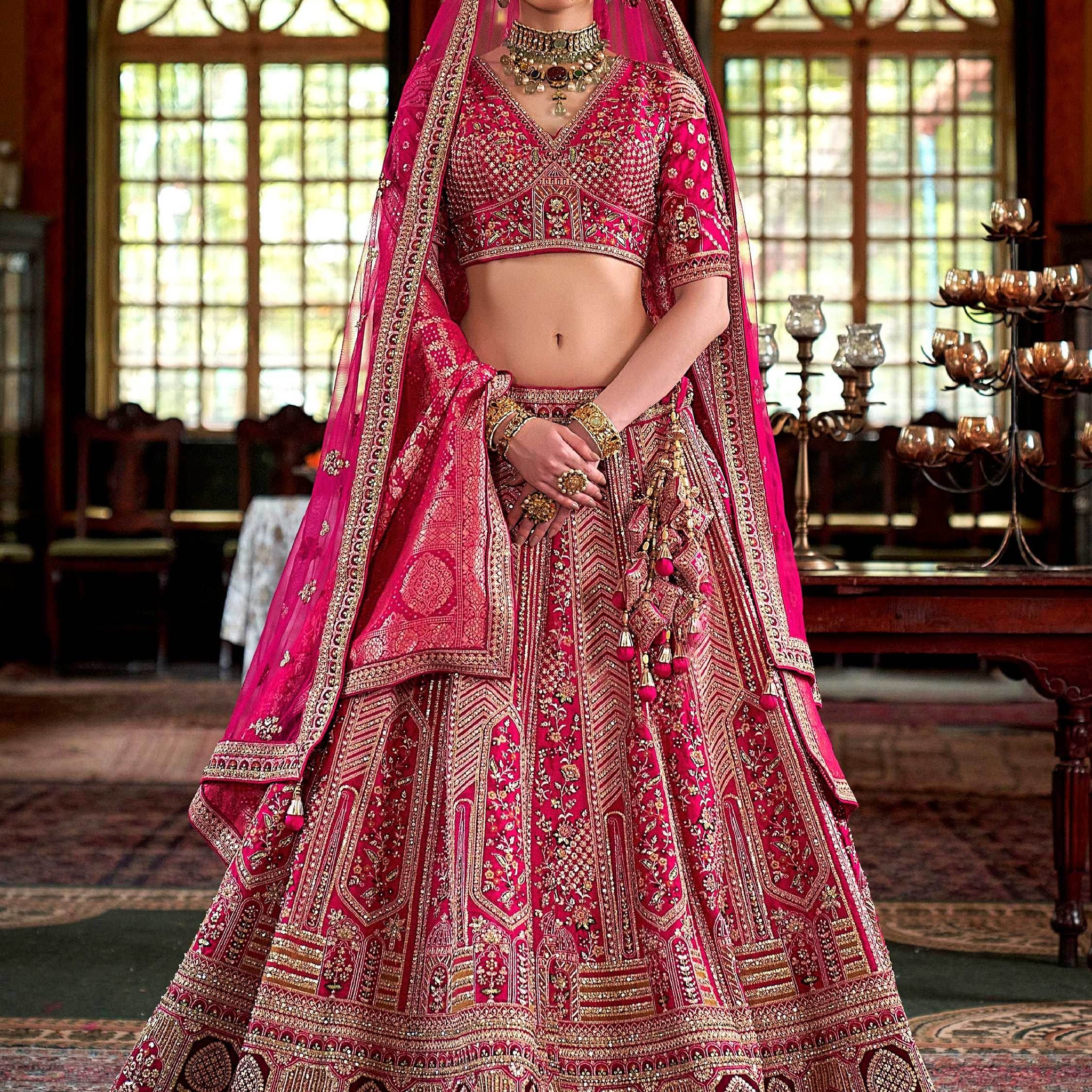 Charming Rani Pink Thread Embroidered Silk Bridal Lehenga Choli With Double Dupatta