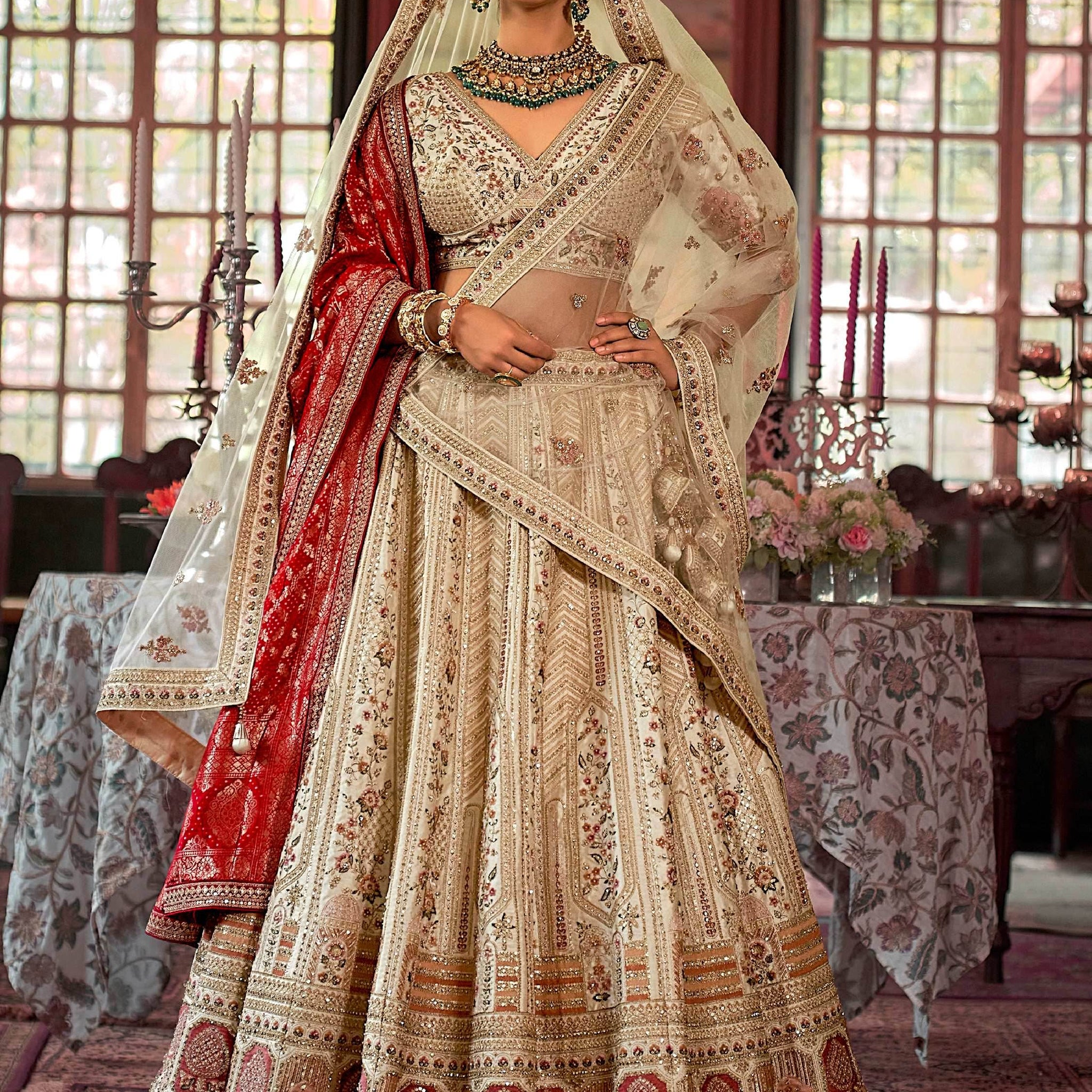 Glorious Off-White Sequins Silk Bridal Lehenga Choli With Double Dupatta