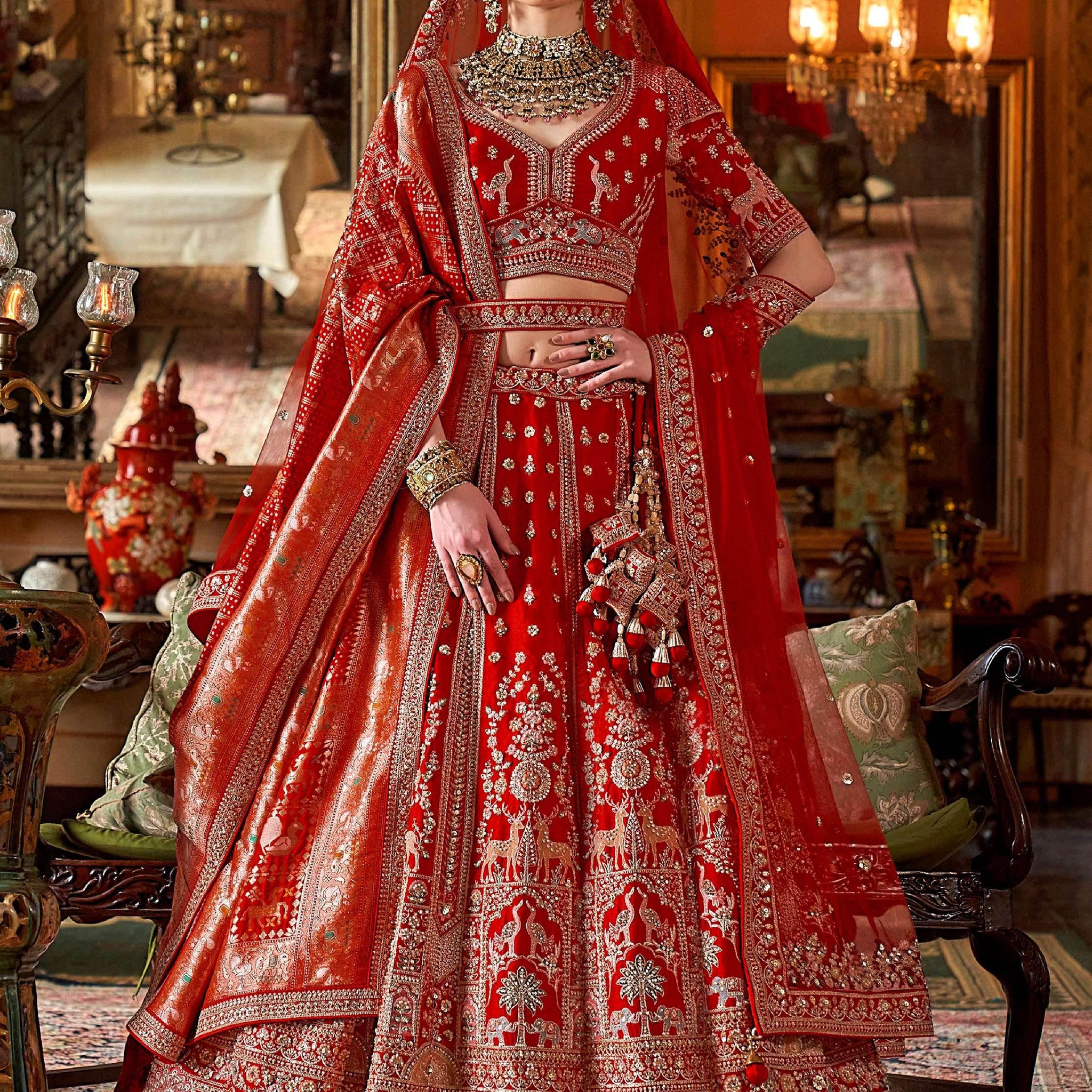 Marvellous Red Pearl Embroidered Silk Bridal Lehenga Choli With Double Dupatta