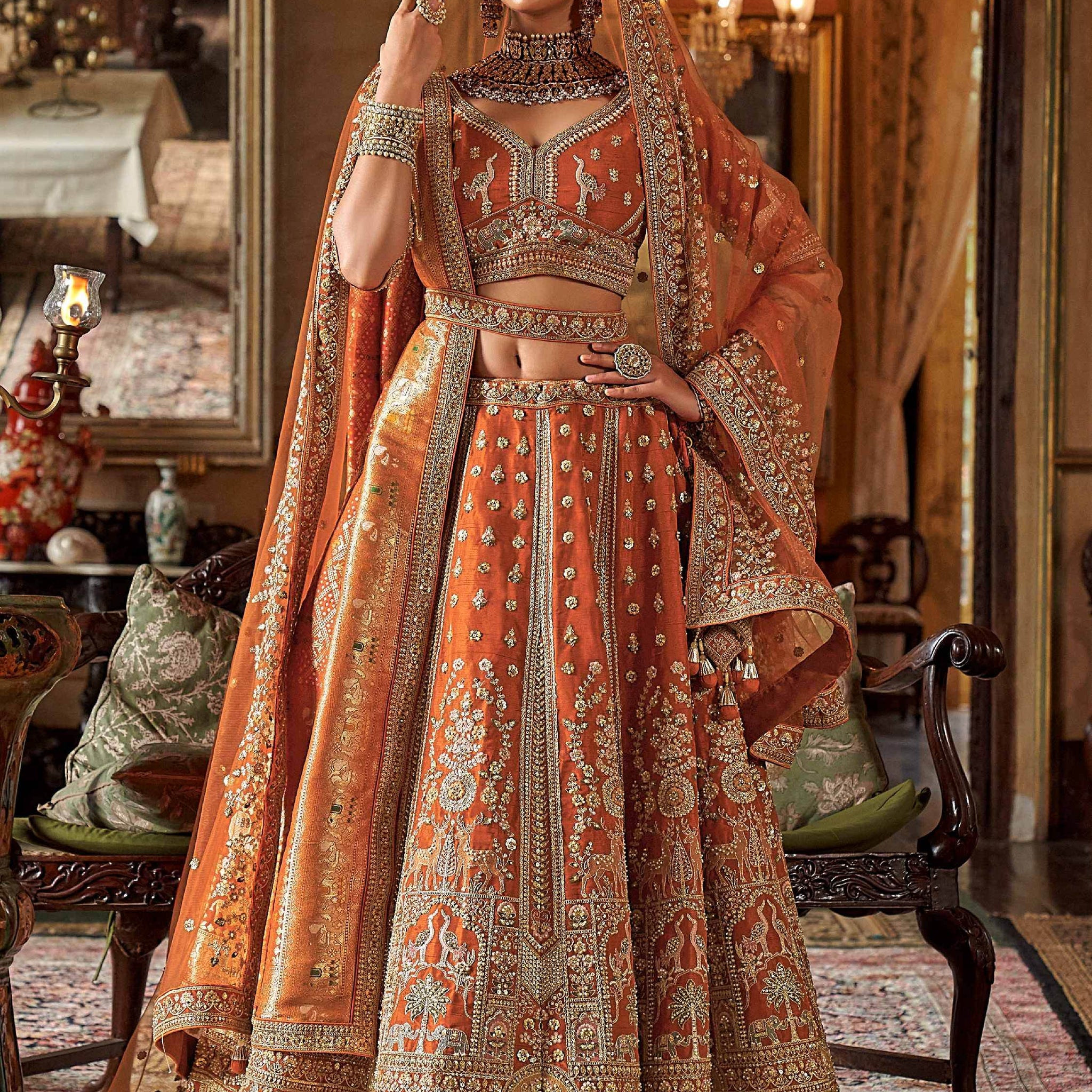 Classy Orange Embroidered Silk Bridal Lehenga Choli With Double Dupatta