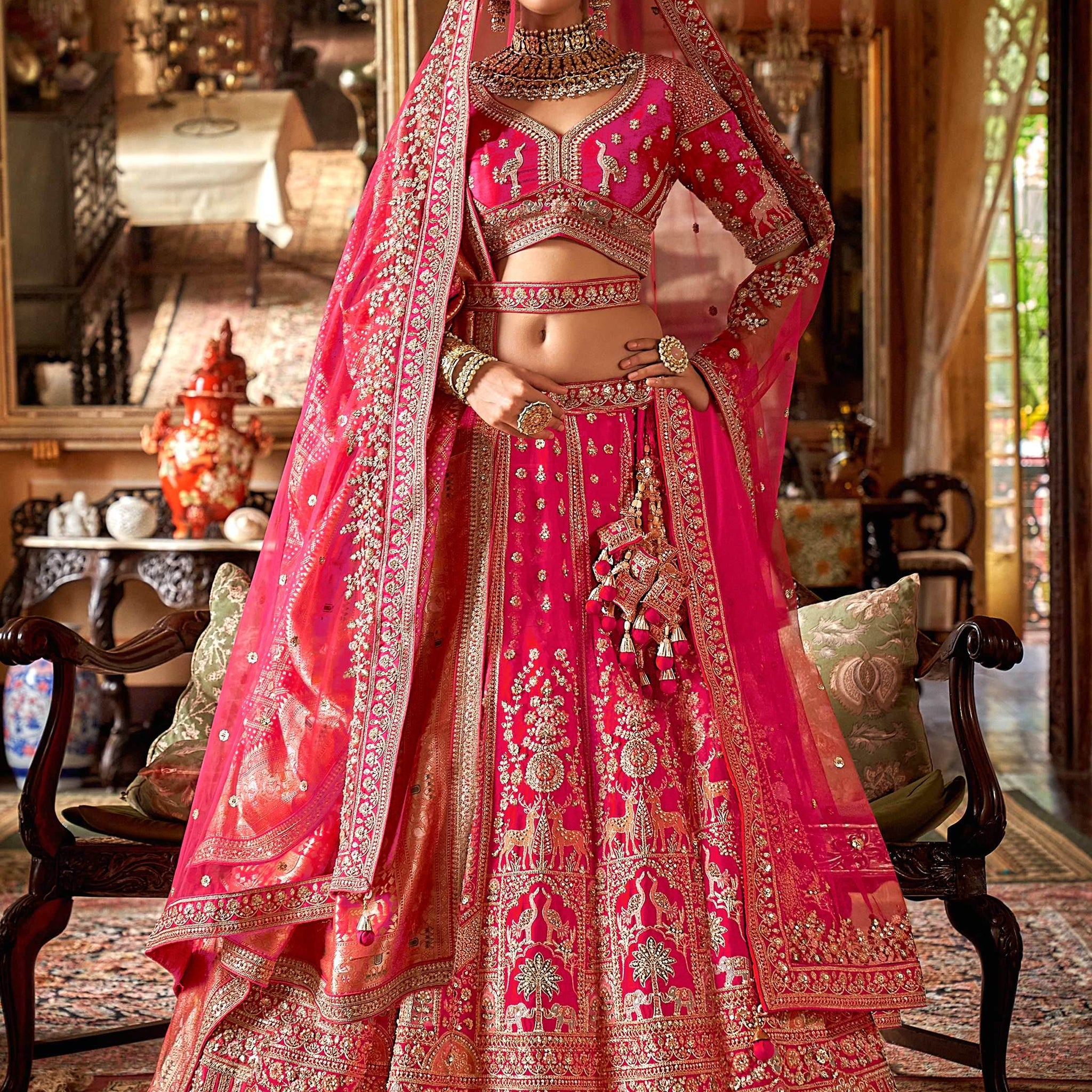 Royal Rani Pink Pearl Embroidered Silk Bridal Lehenga Choli With Double Dupatta