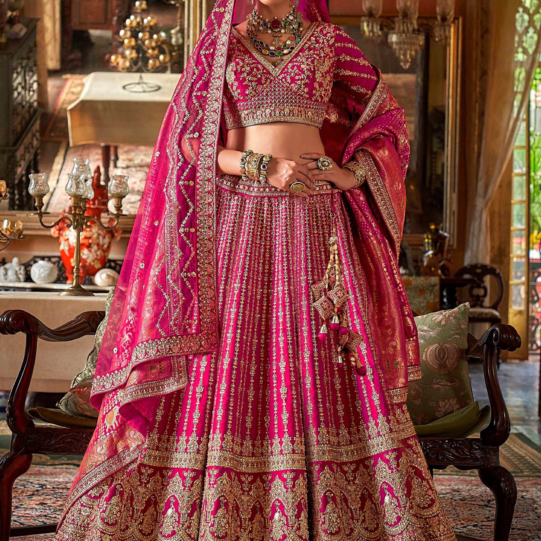 Bewitching Rani Pink Embroidered Silk Bridal Lehenga Choli With Double Dupatta