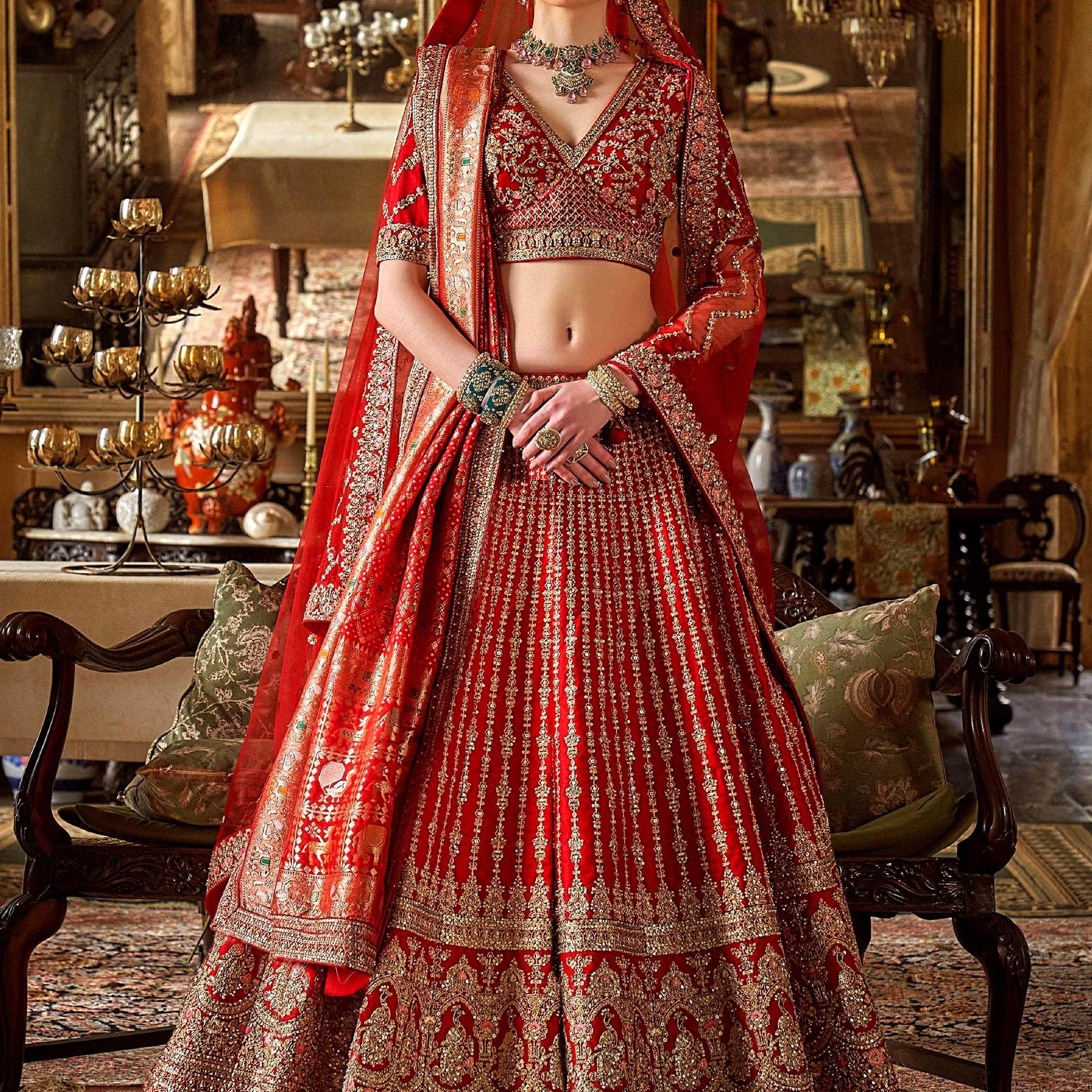 Lovely Red Thread Embroidered Silk Bridal Lehenga Choli With Double Dupatta