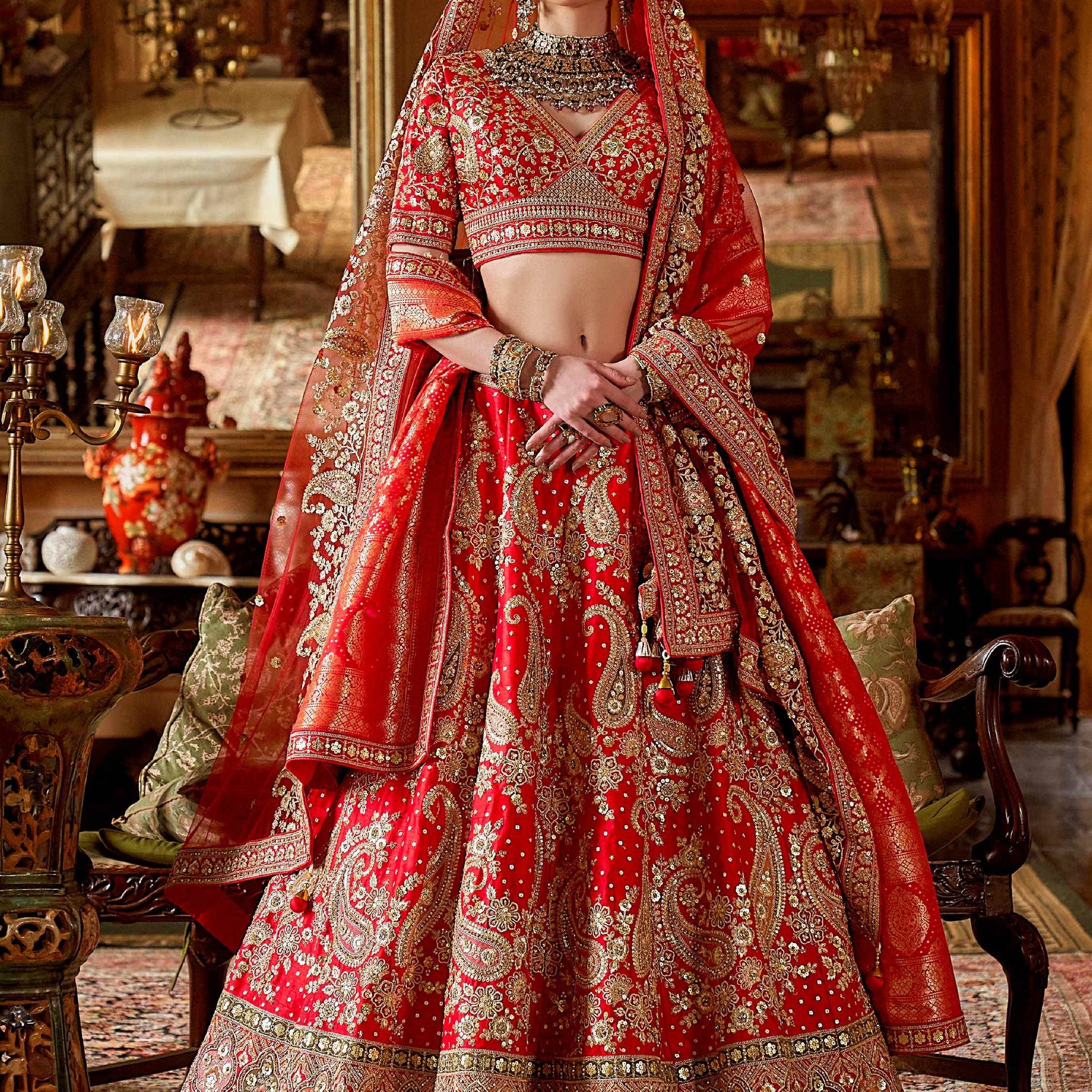 Graceful Red Sequins Silk Bridal Lehenga Choli With Double Dupatta