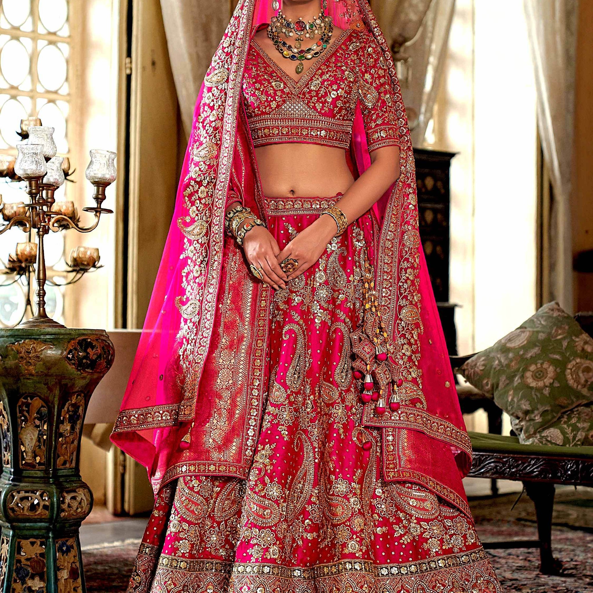 Beautiful Rani Pink Pearl Work Silk Bridal Lehenga Choli With Double Dupatta