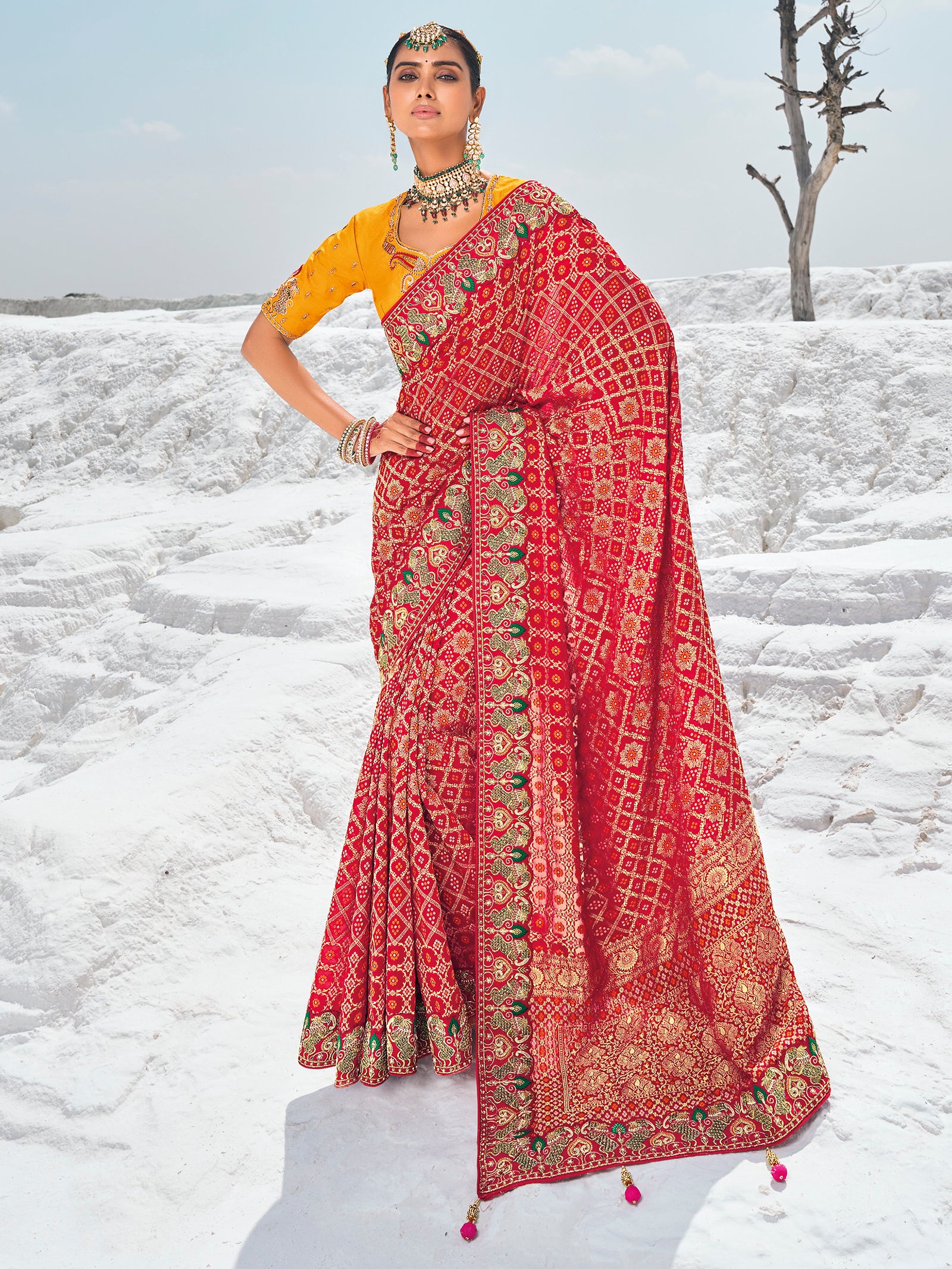 Incredible Red Bandhani Printed Georgette Wedding Saree With Blouse
