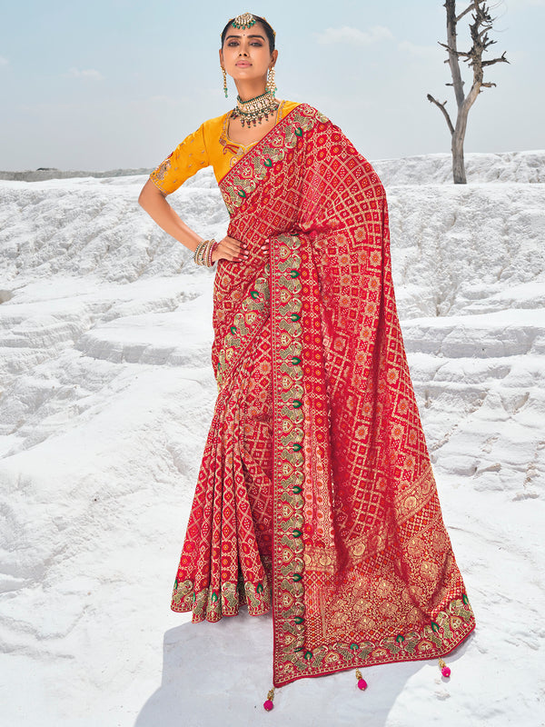 Incredible Red Bandhani Printed Georgette Wedding Saree With Blouse