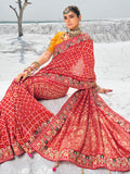 Incredible Red Bandhani Printed Georgette Wedding Saree With Blouse