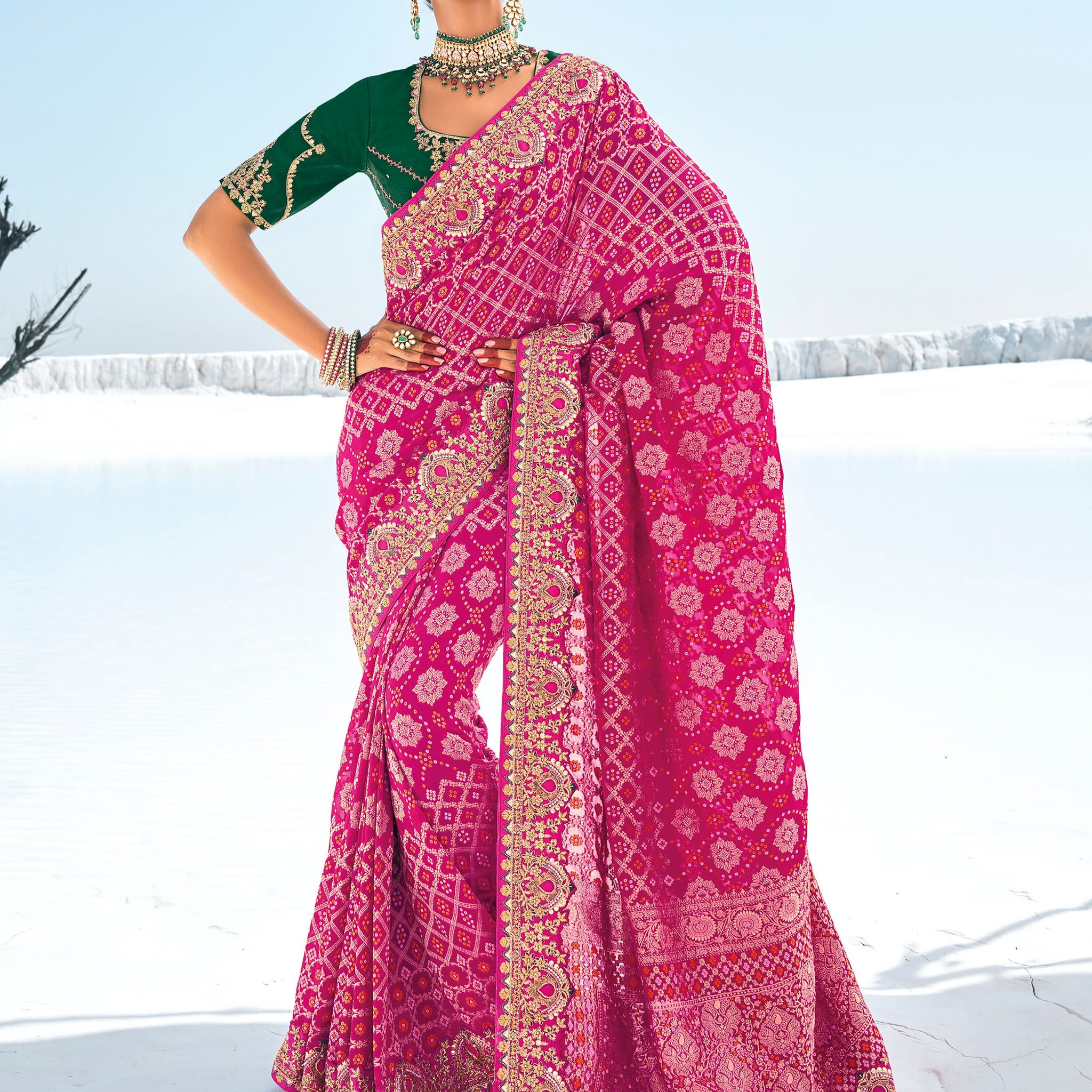 Fantastic Pink Bandhani Printed Georgette Traditional Saree With Blouse