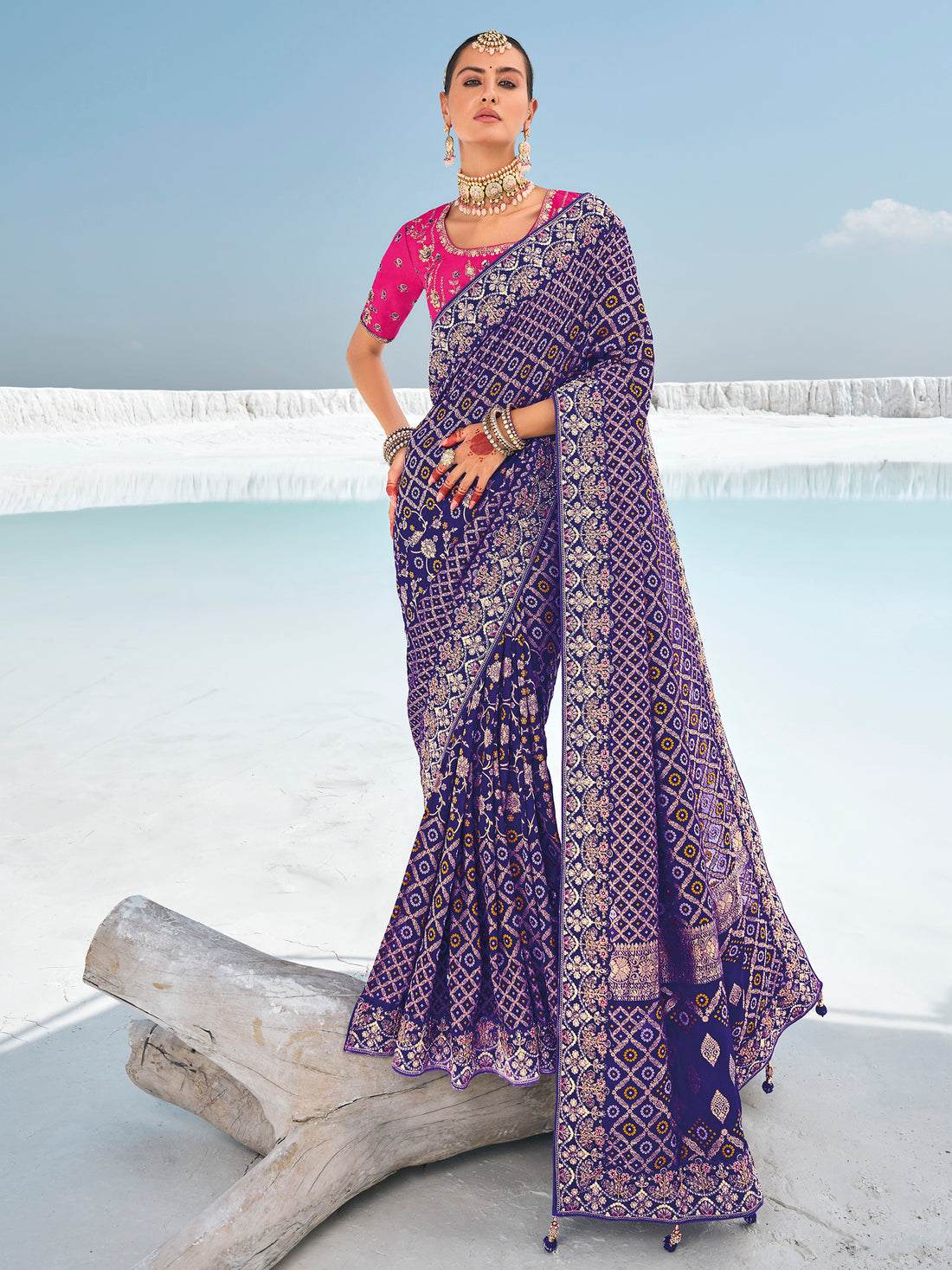 Awesome Blue Bandhani Printed Georgette Festival Wear Saree