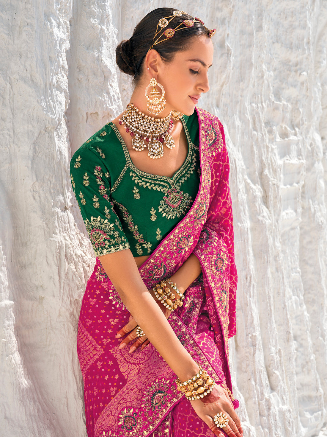 Excellent Rani Pink Bandhani Printed Georgette Saree With Blouse
