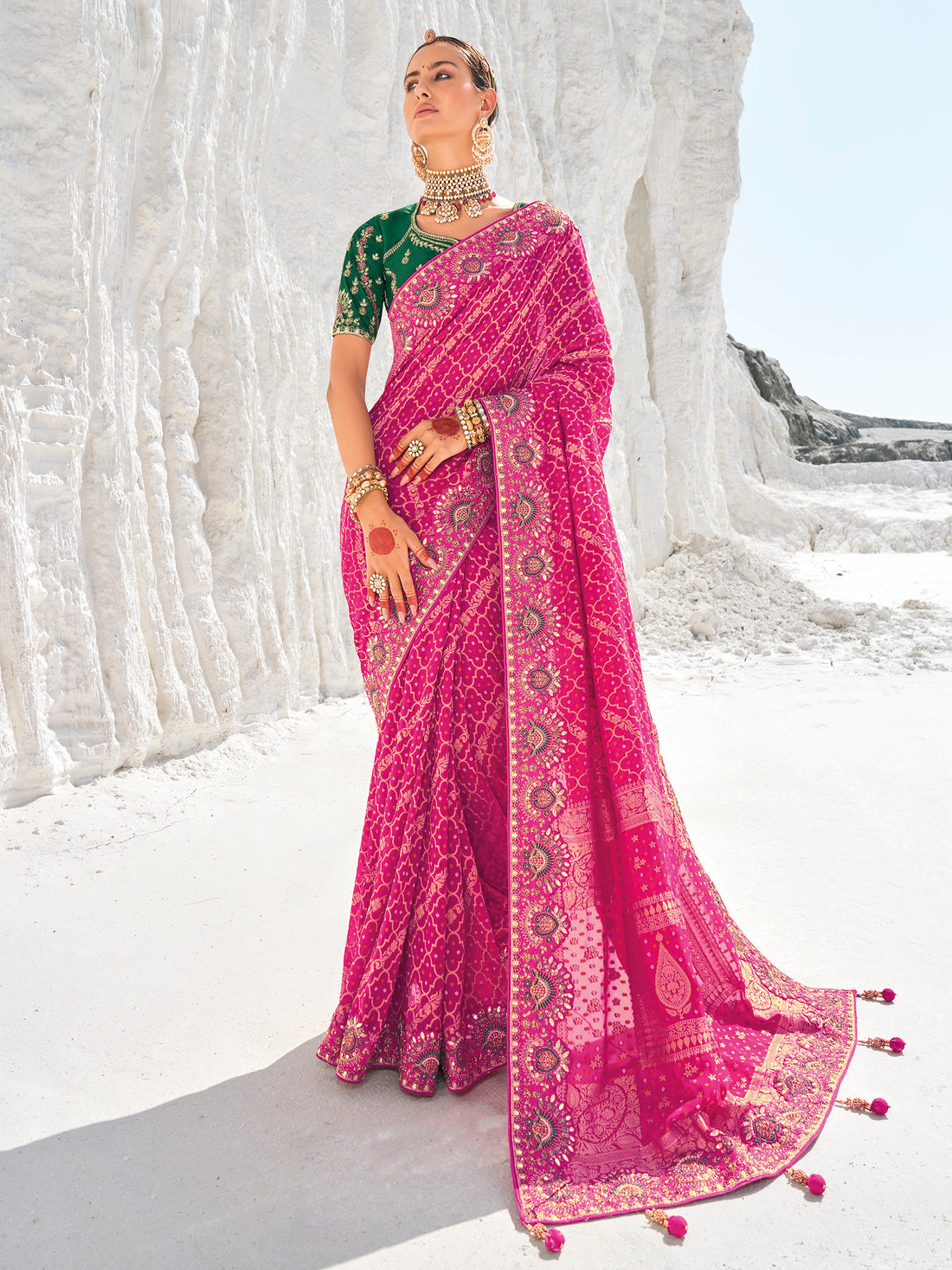 Excellent Rani Pink Bandhani Printed Georgette Saree With Blouse