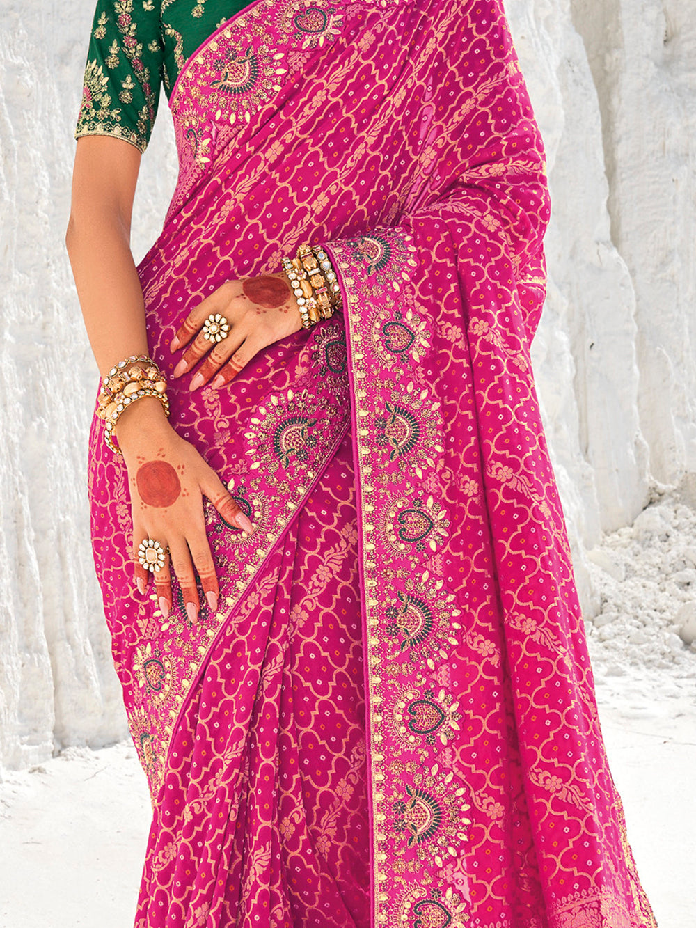 Excellent Rani Pink Bandhani Printed Georgette Saree With Blouse