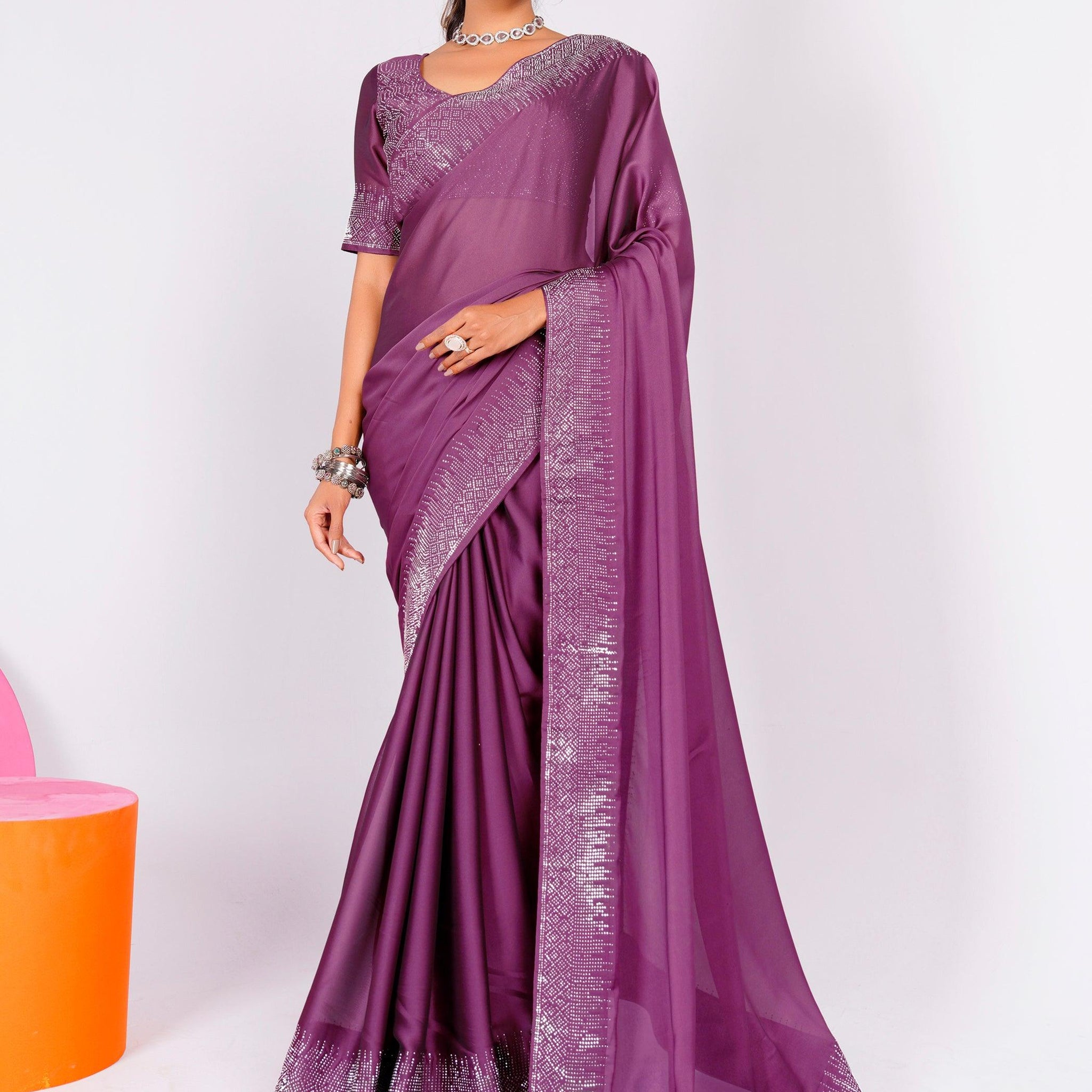 Glamorous Pink Swarovski Work Rangoli Silk Reception Wear Saree