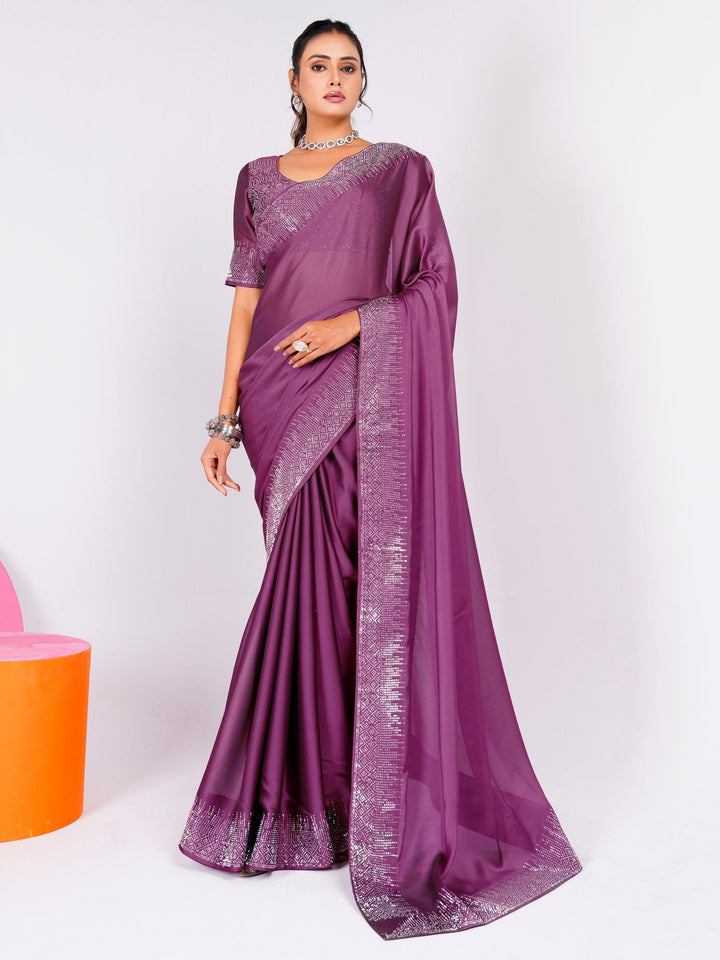 Glamorous Pink Swarovski Work Rangoli Silk Reception Wear Saree