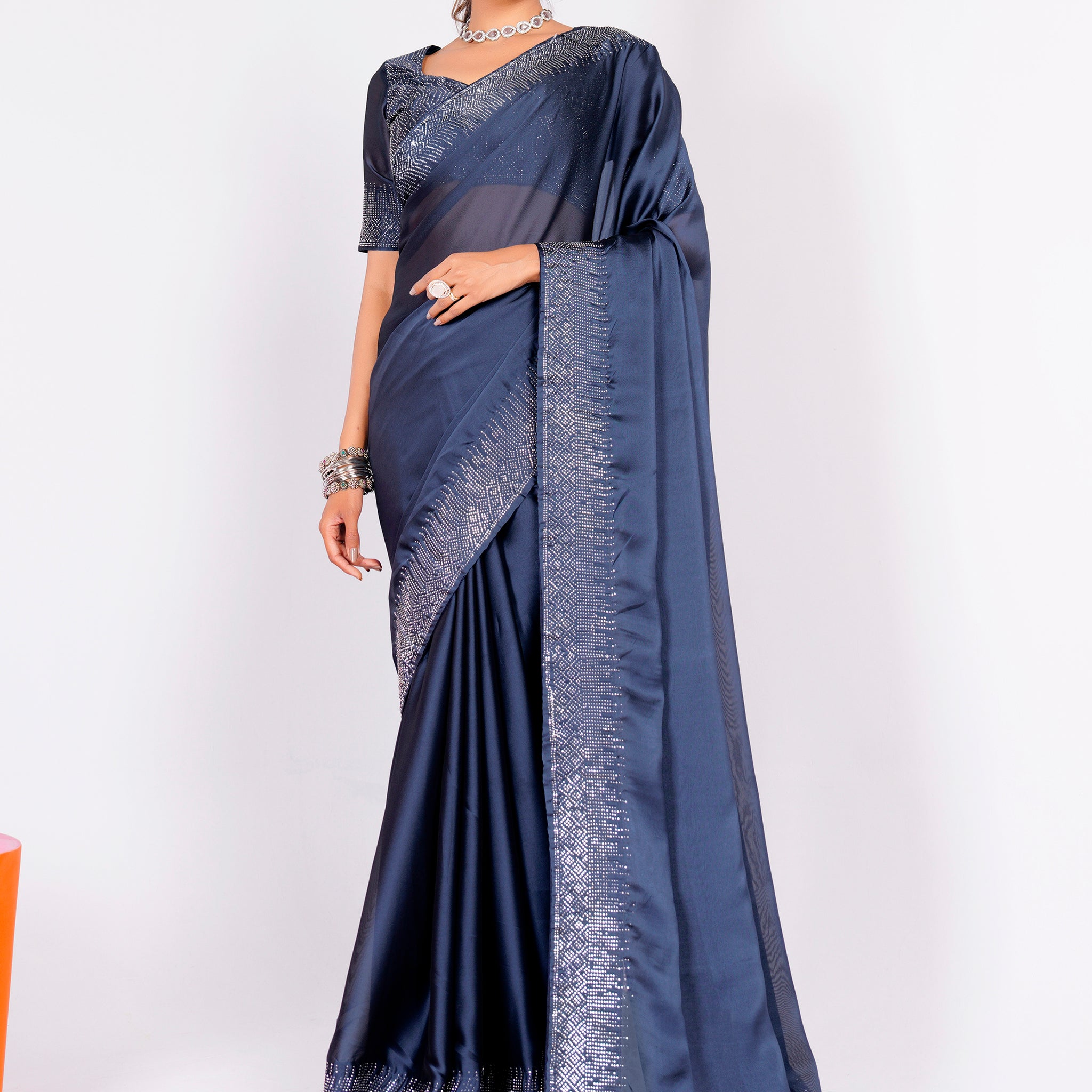 Mesmerizing Dusty Blue Stone Work Rangoli Silk Saree With Blouse