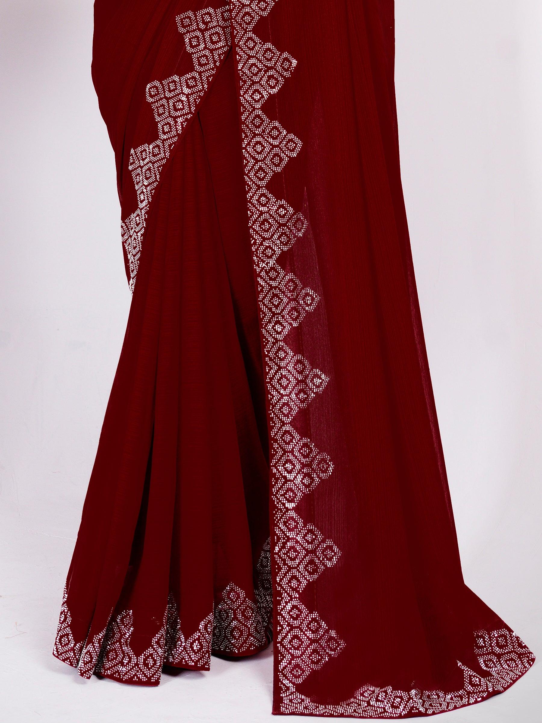 Astonishing Maroon Swarovski Work Georgette Saree With Blouse