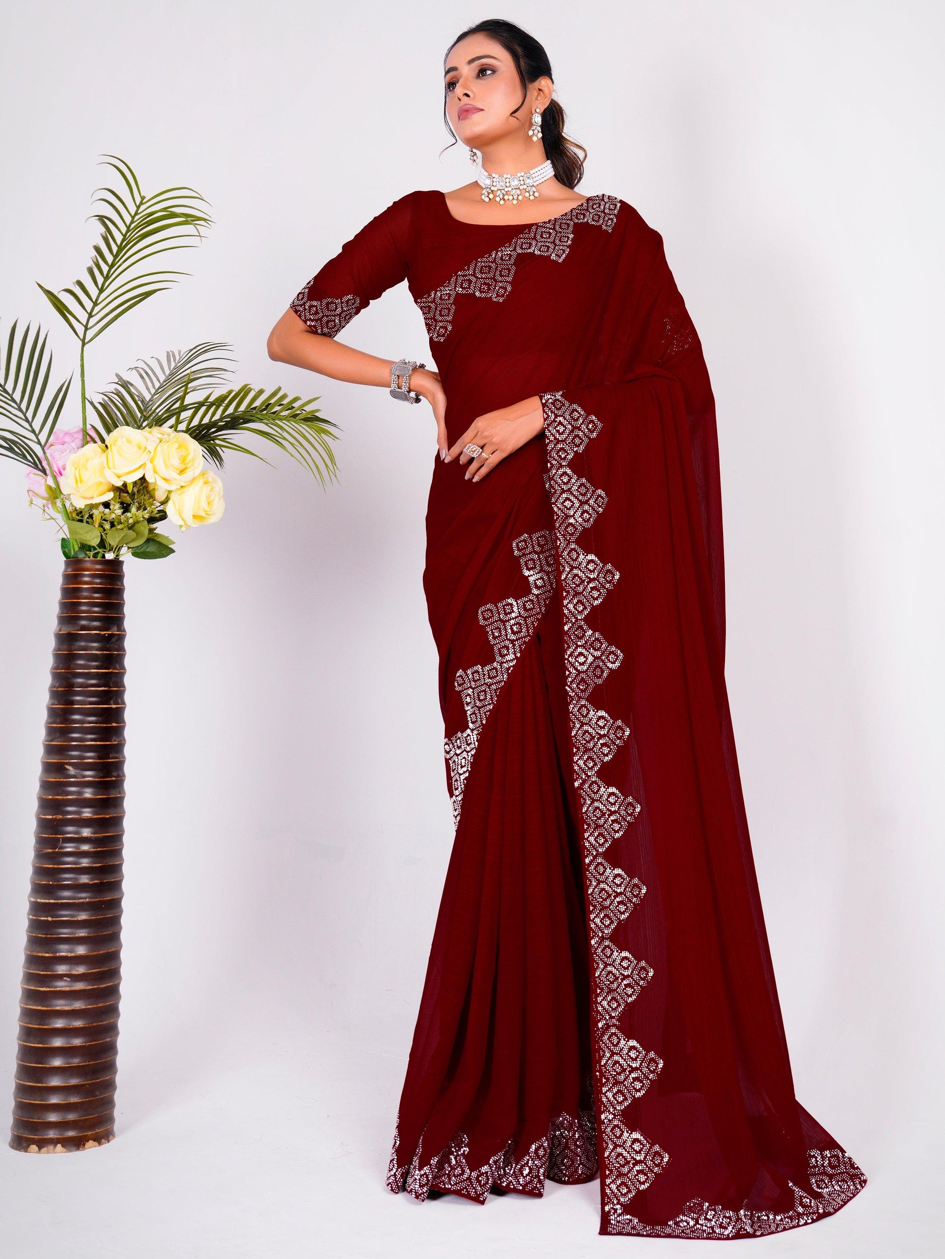 Astonishing Maroon Swarovski Work Georgette Saree With Blouse
