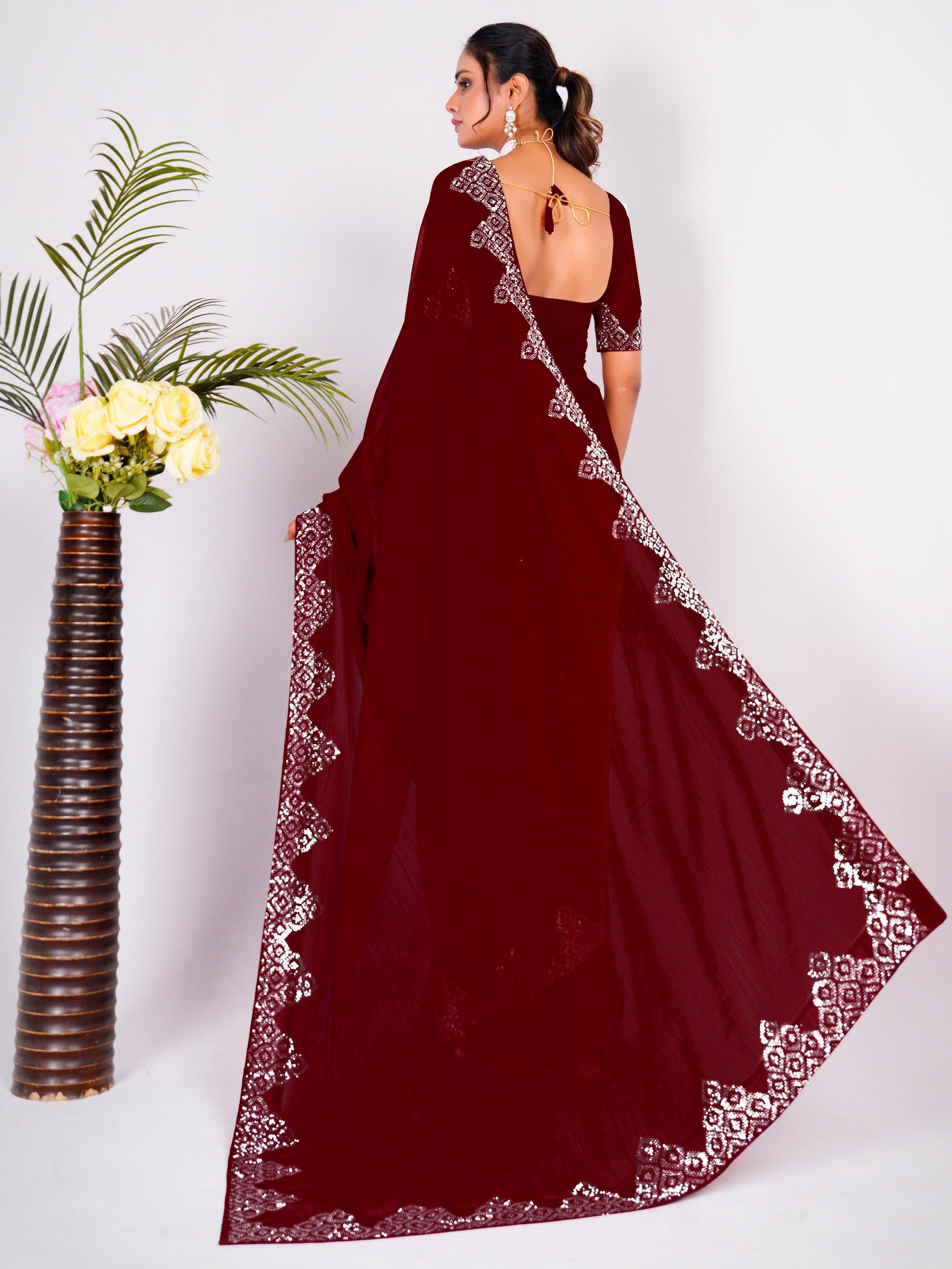Astonishing Maroon Swarovski Work Georgette Saree With Blouse