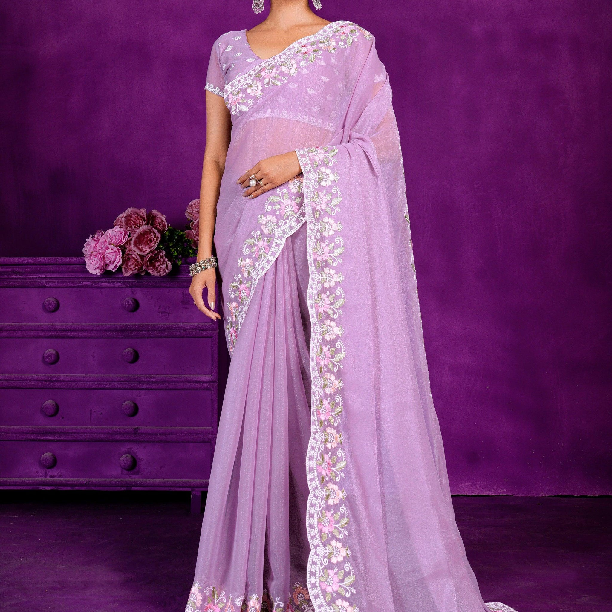 Stunning Lavender Lace Work Chiffon Party Wear Saree With Blouse
