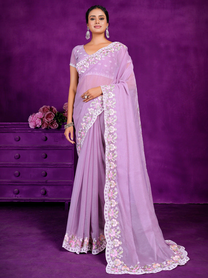 Stunning Lavender Lace Work Chiffon Party Wear Saree With Blouse