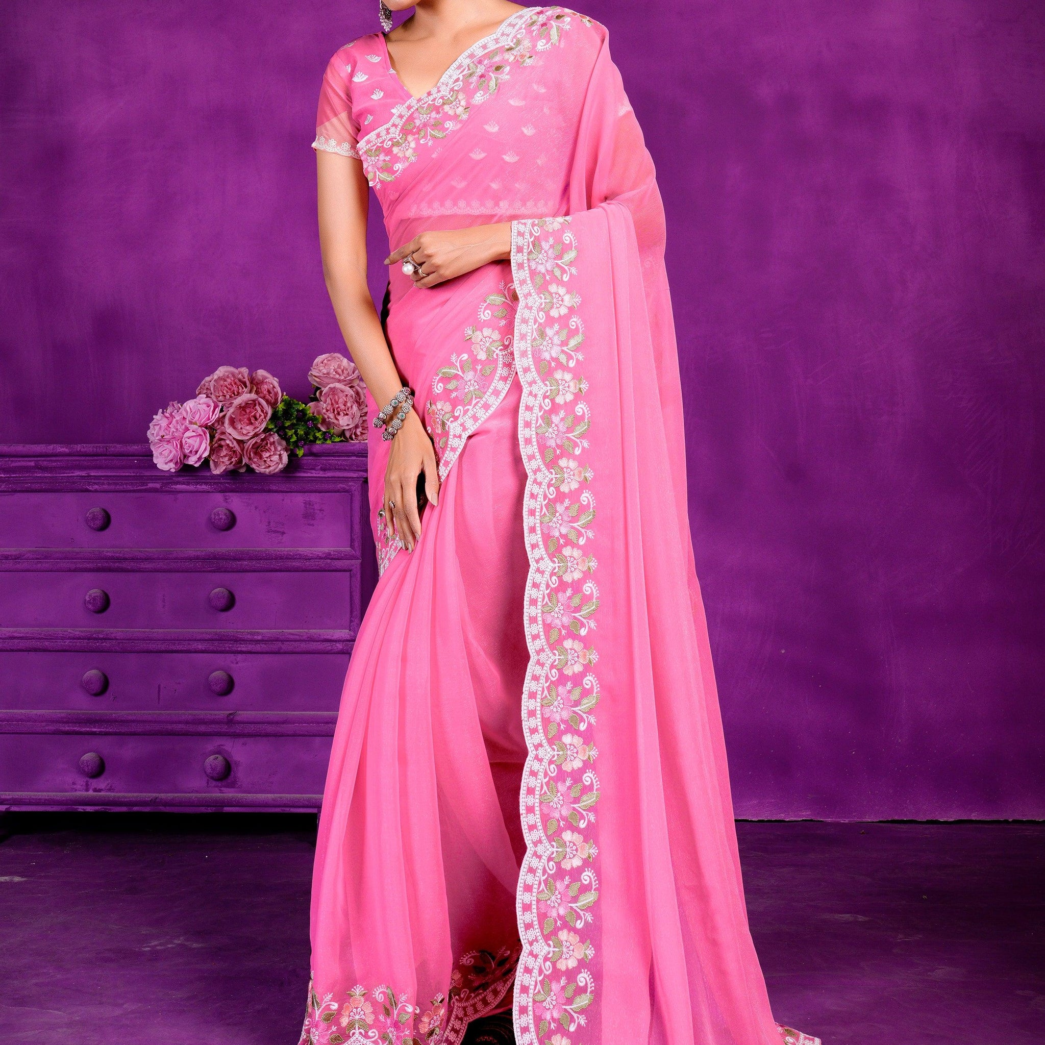 Glamorous Pink Lace Work Chiffon Festival Wear Saree With Blouse