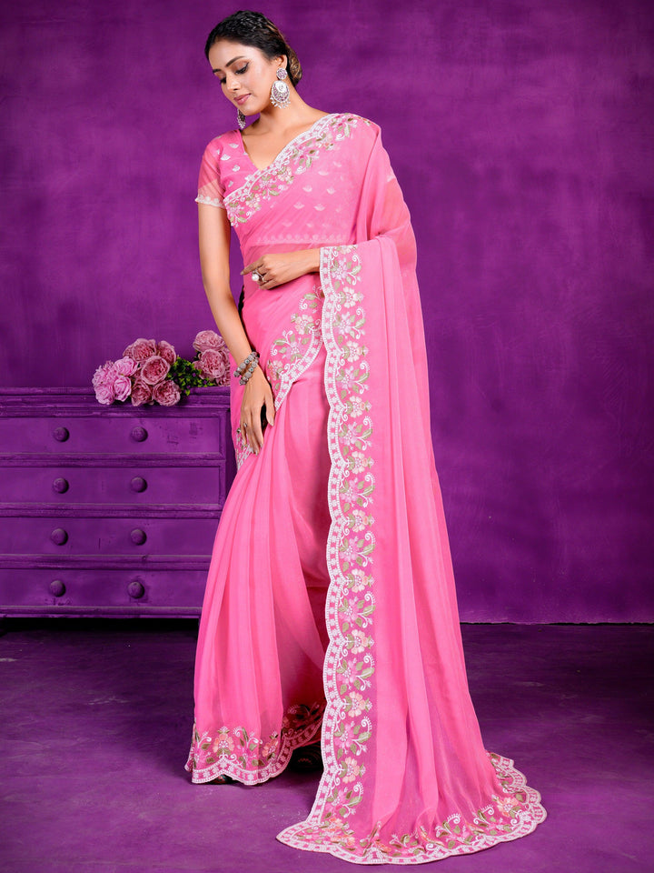 Glamorous Pink Lace Work Chiffon Festival Wear Saree With Blouse