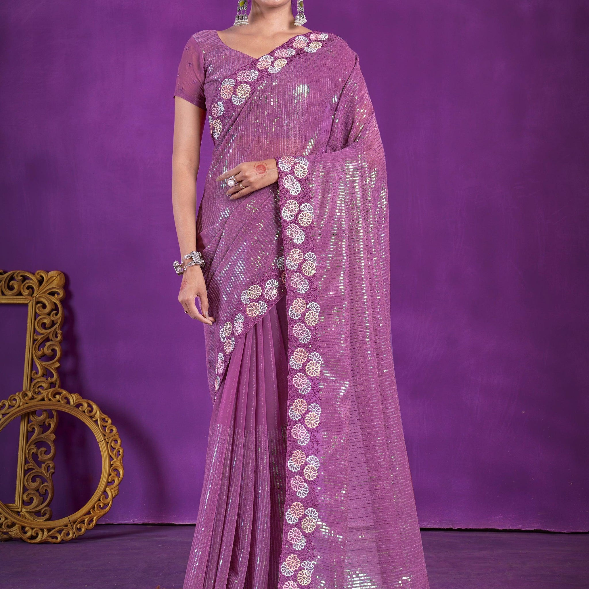 Enchanting Purple Sequins Organza Event Wear Saree With Blouse