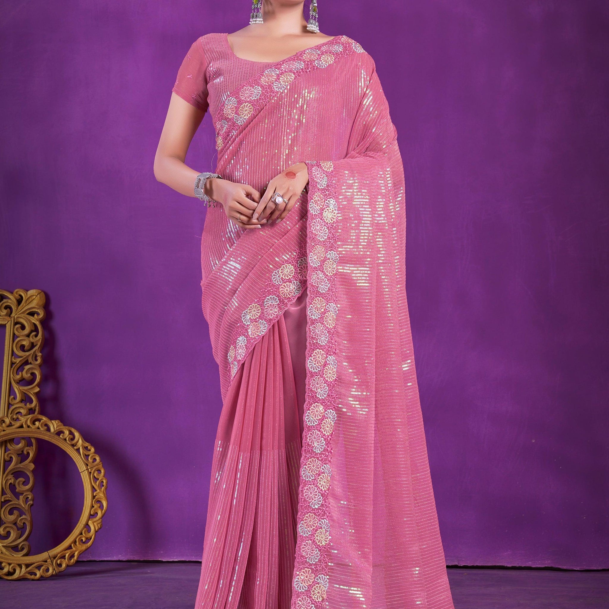 Glamorous Pink Sequins Organza Party Wear Saree With Blouse