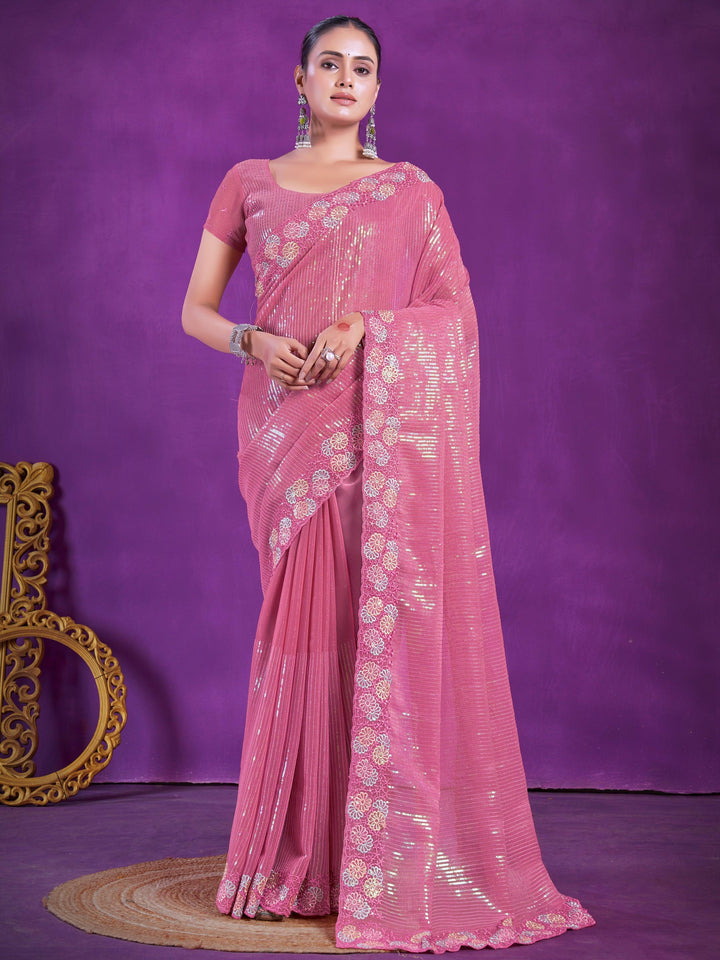 Glamorous Pink Sequins Organza Party Wear Saree With Blouse