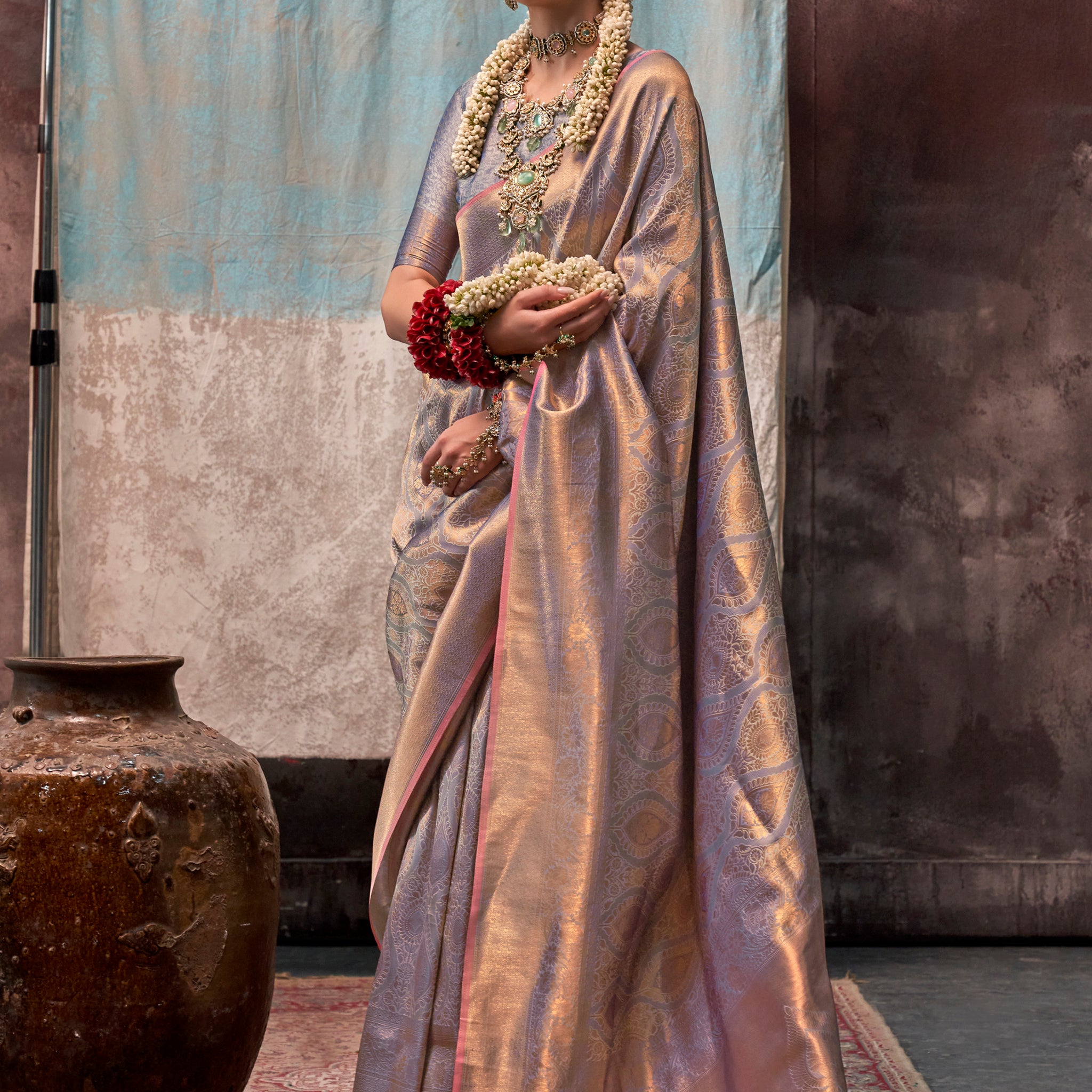 Enchanting Grey Zari Weaving Silk Traditional Saree With Blouse