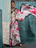 Attractive White Floral Printed Crepe Casual Wear Saree With Blouse