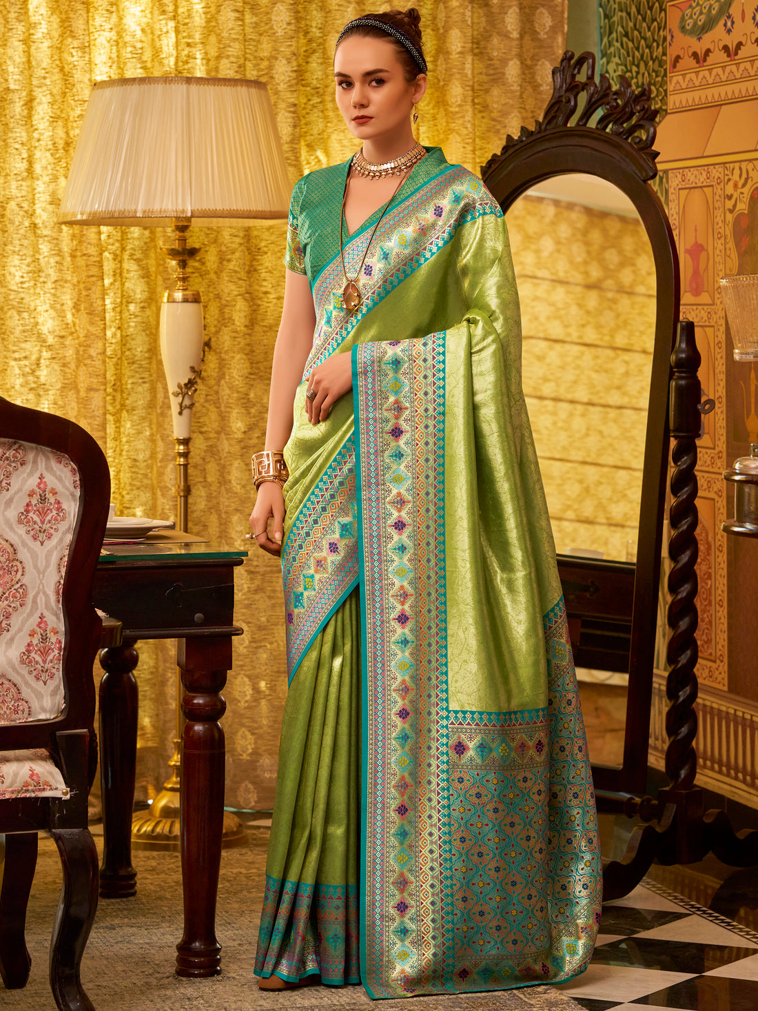 Beautiful Green Zari Weaving Tissue Silk Festive Wear Saree With Blouse