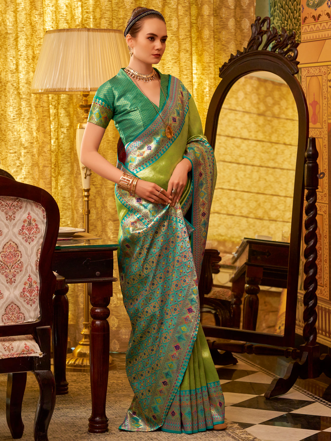 Beautiful Green Zari Weaving Tissue Silk Festive Wear Saree With Blouse