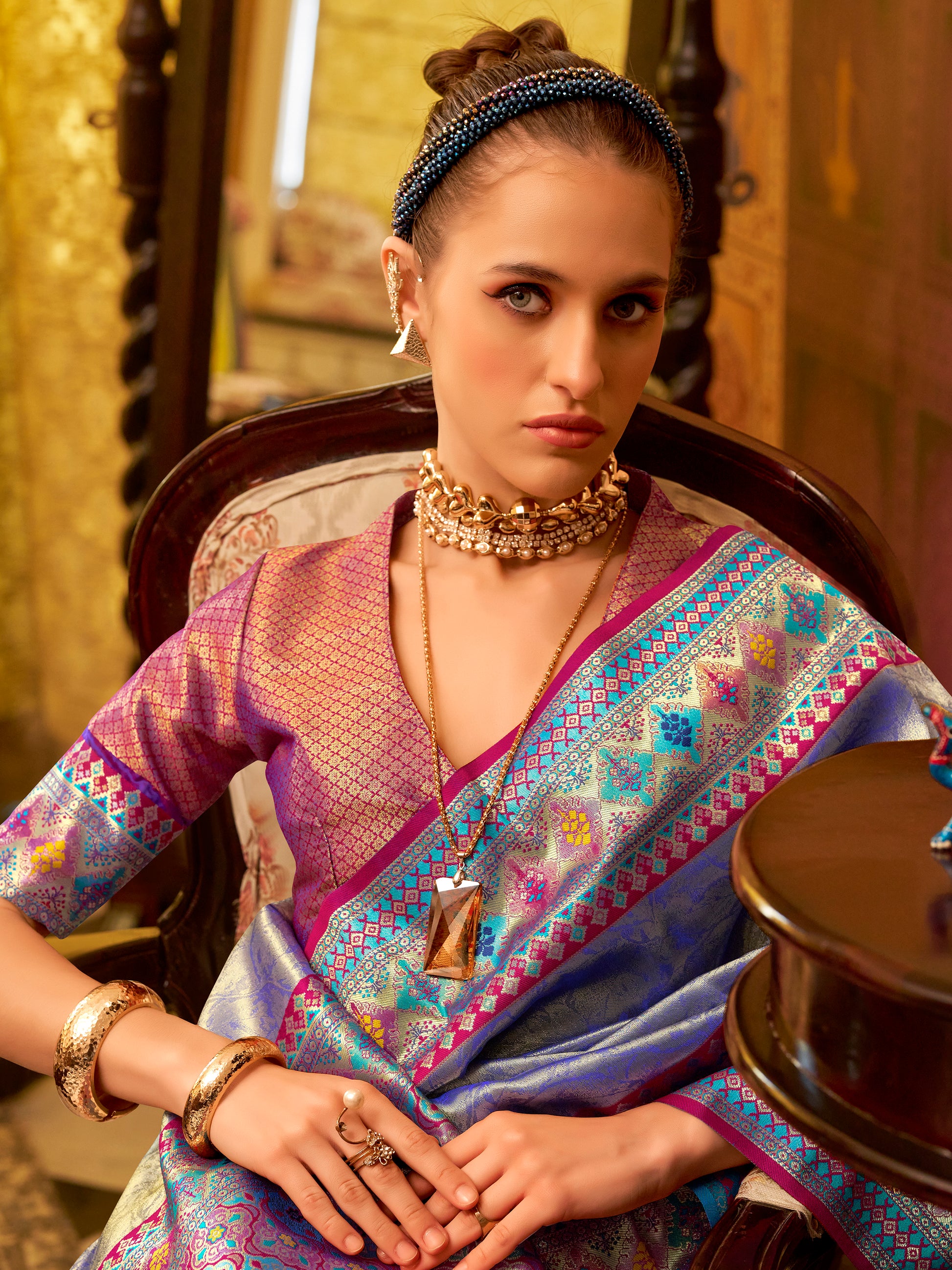 Alluring Royal Blue Zari Weaving Tissue Silk Saree With Blouse