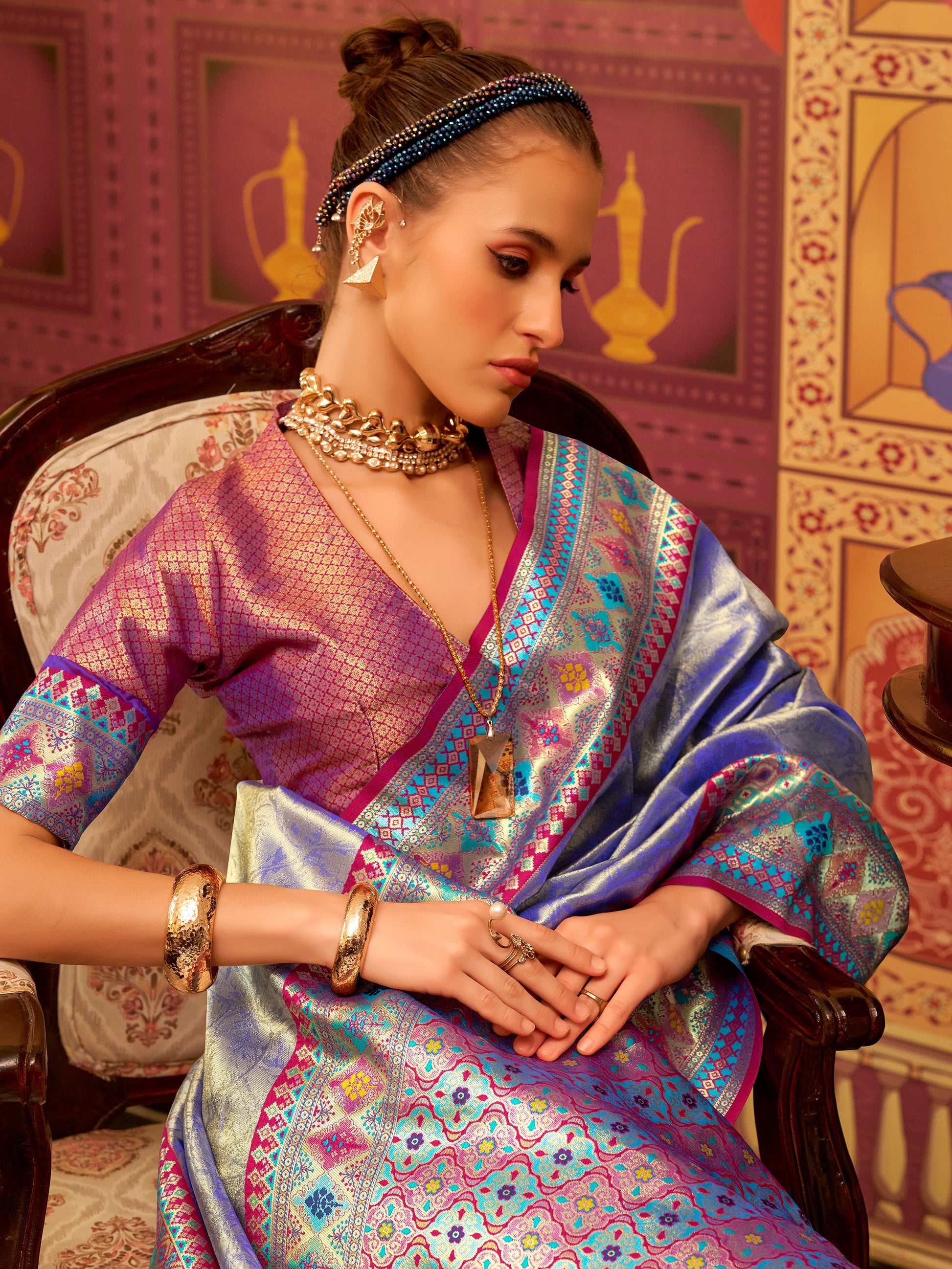 Alluring Royal Blue Zari Weaving Tissue Silk Saree With Blouse