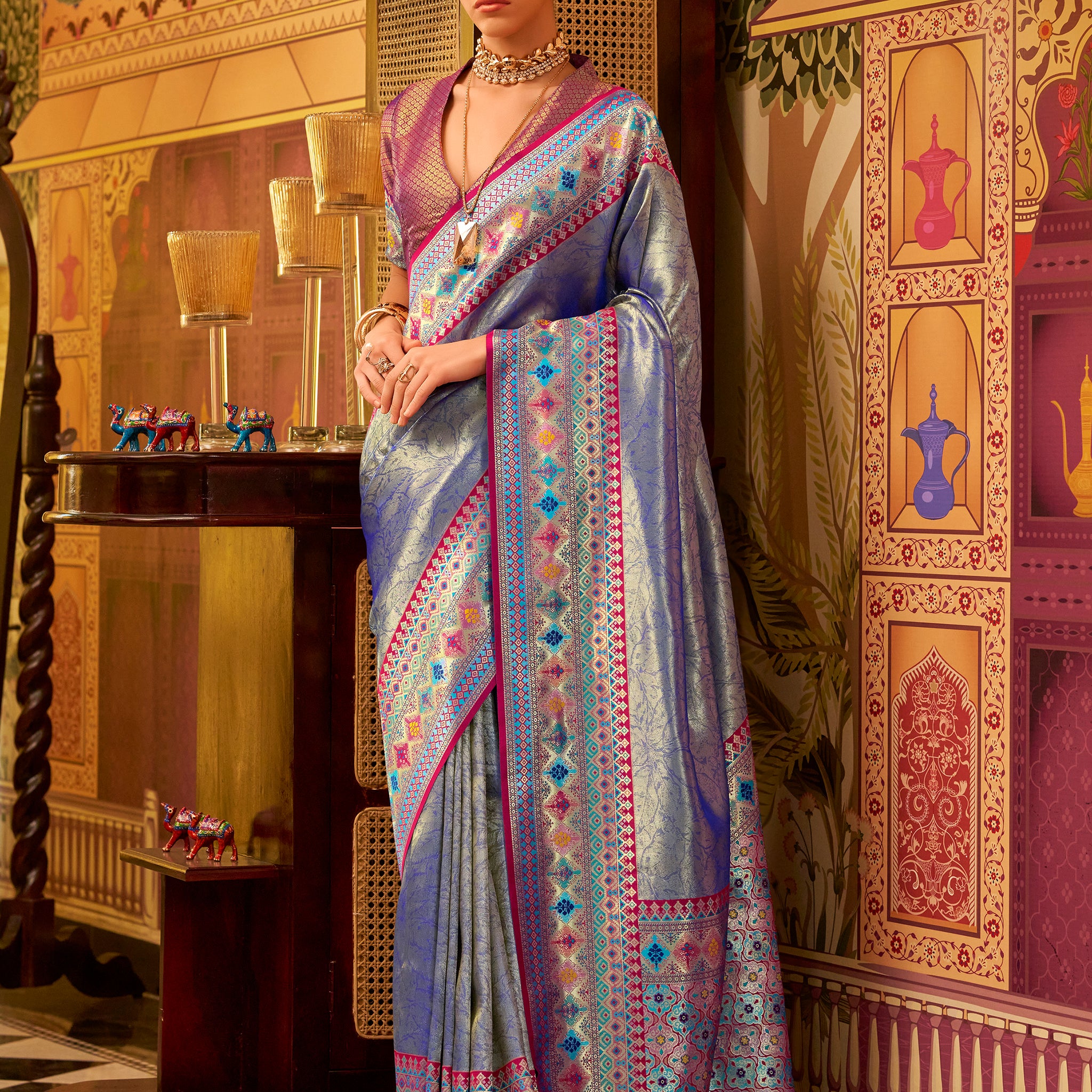 Alluring Royal Blue Zari Weaving Tissue Silk Saree With Blouse