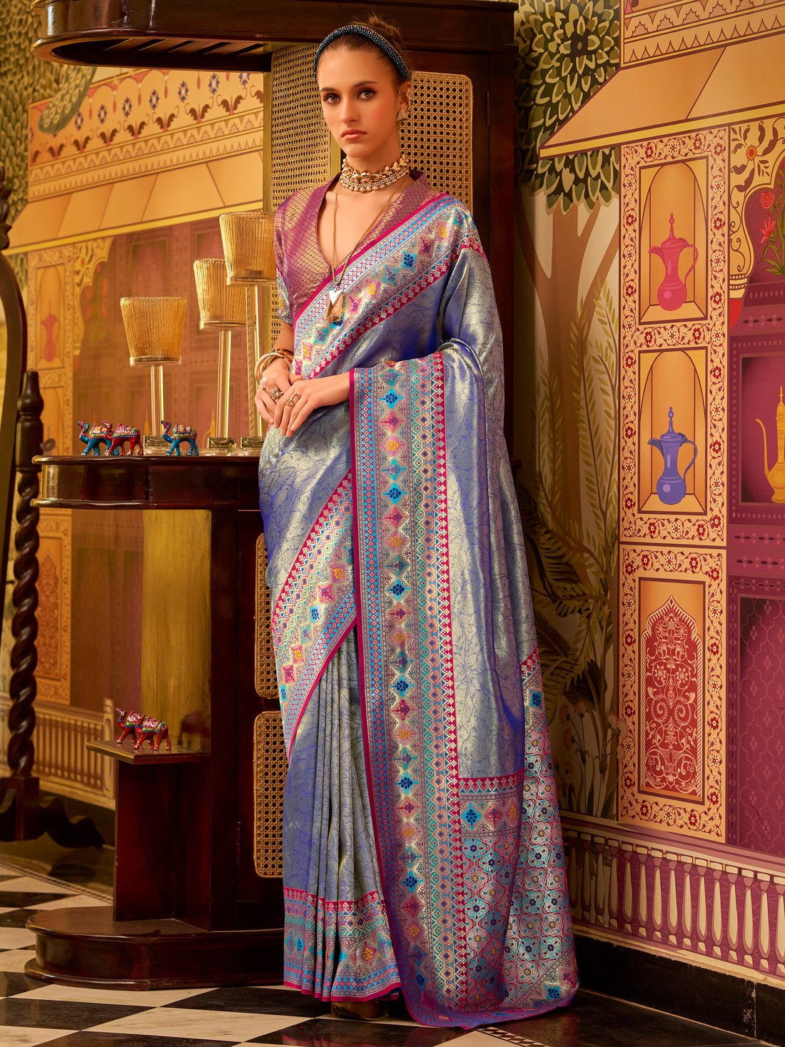 Alluring Royal Blue Zari Weaving Tissue Silk Saree With Blouse