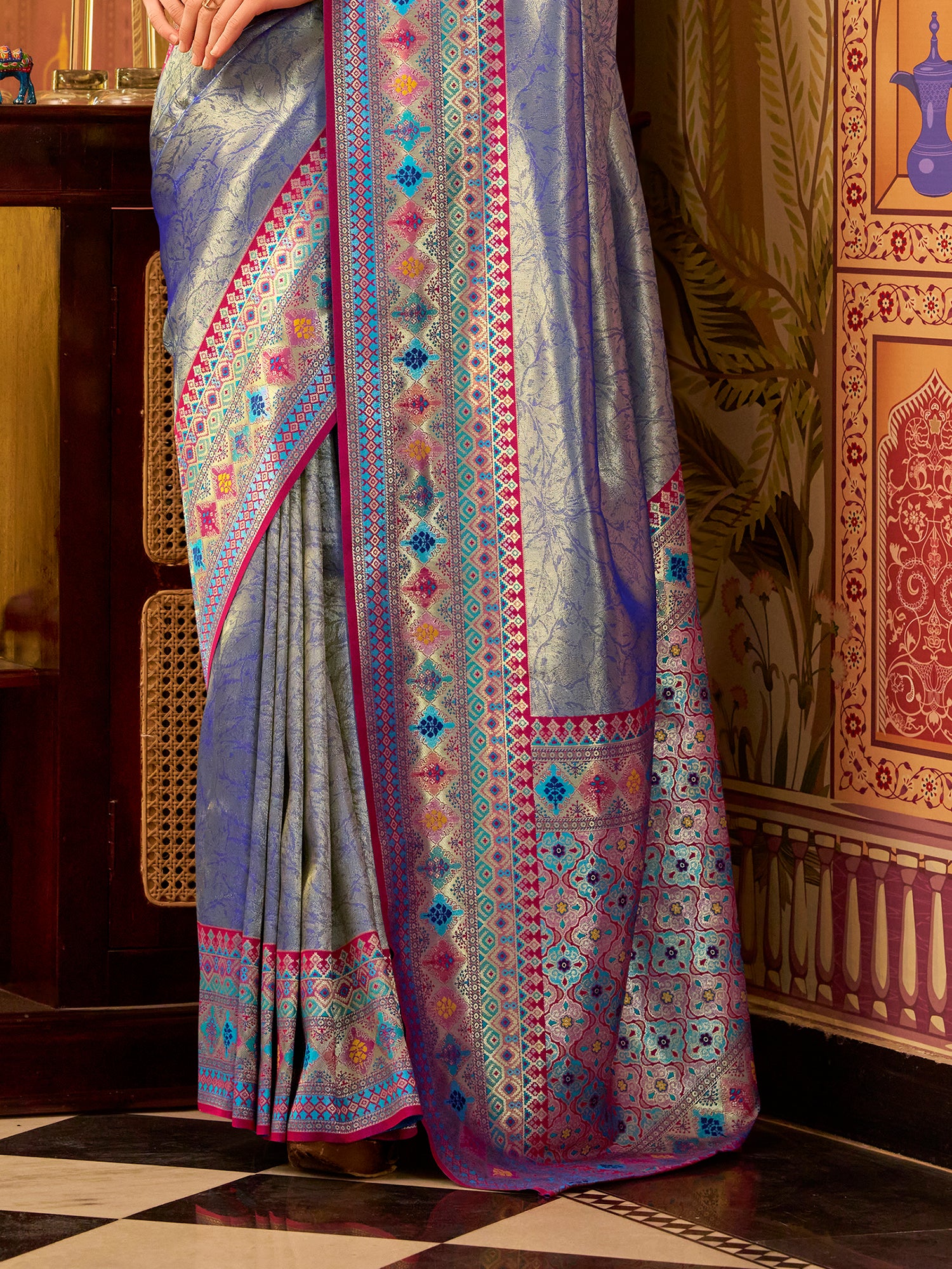 Alluring Royal Blue Zari Weaving Tissue Silk Saree With Blouse