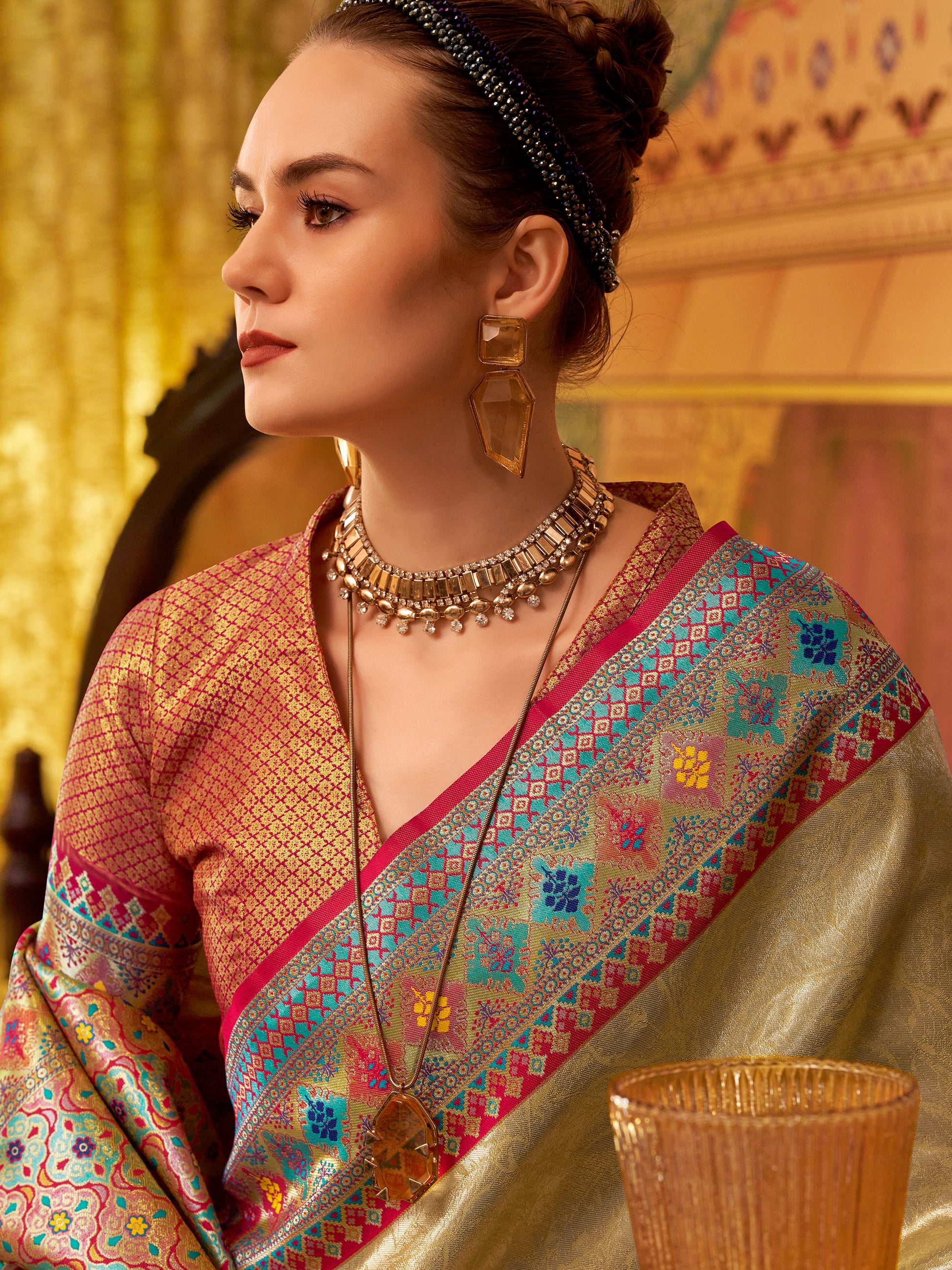 Bewitching Beige Zari Weaving Tissue Silk Event Wear Saree With Blouse