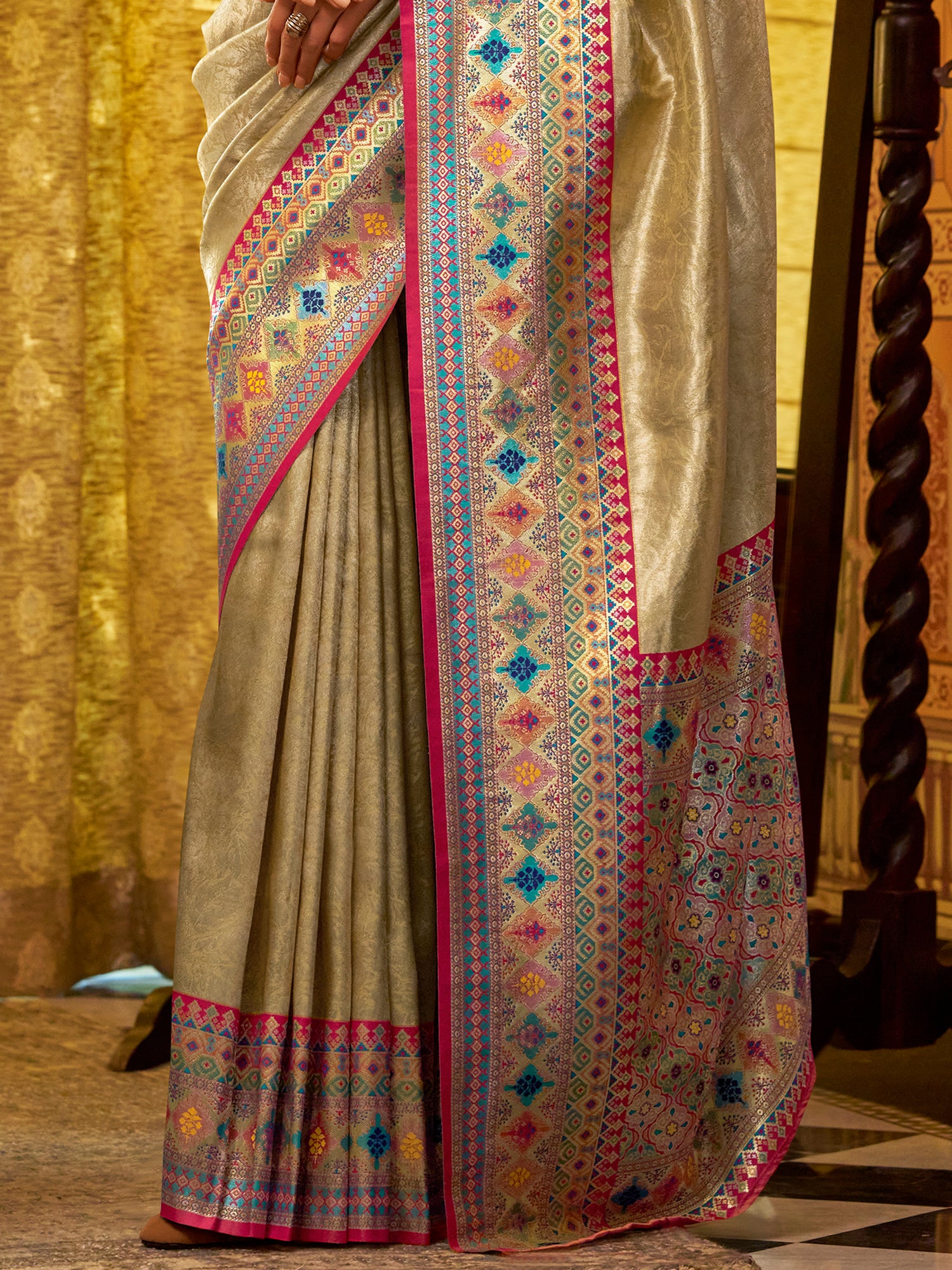 Bewitching Beige Zari Weaving Tissue Silk Event Wear Saree With Blouse