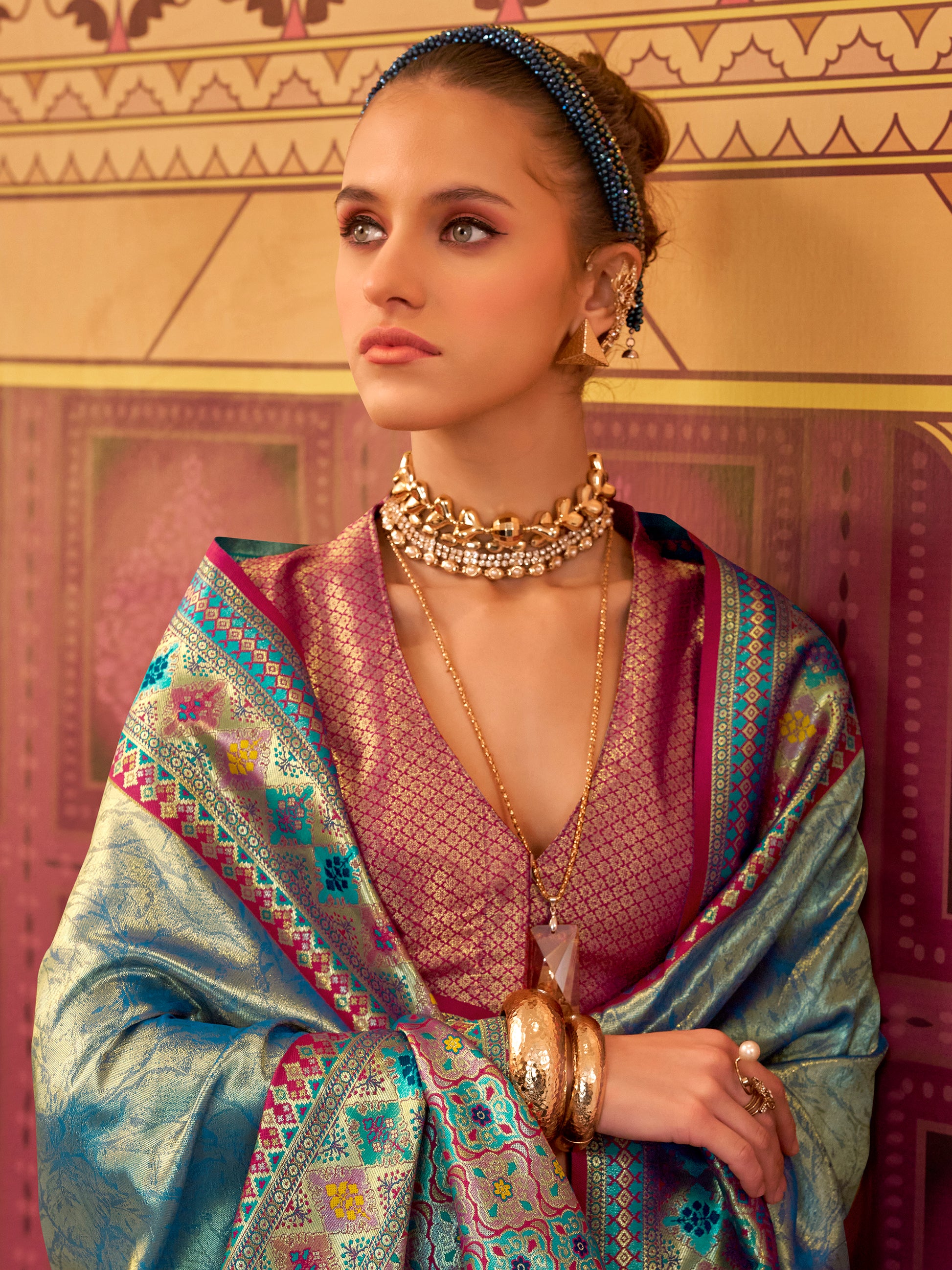 Stunning Teal Blue Zari Weaving Tissue Silk Festive Wear Saree With Blouse