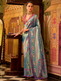 Stunning Teal Blue Zari Weaving Tissue Silk Festive Wear Saree With Blouse