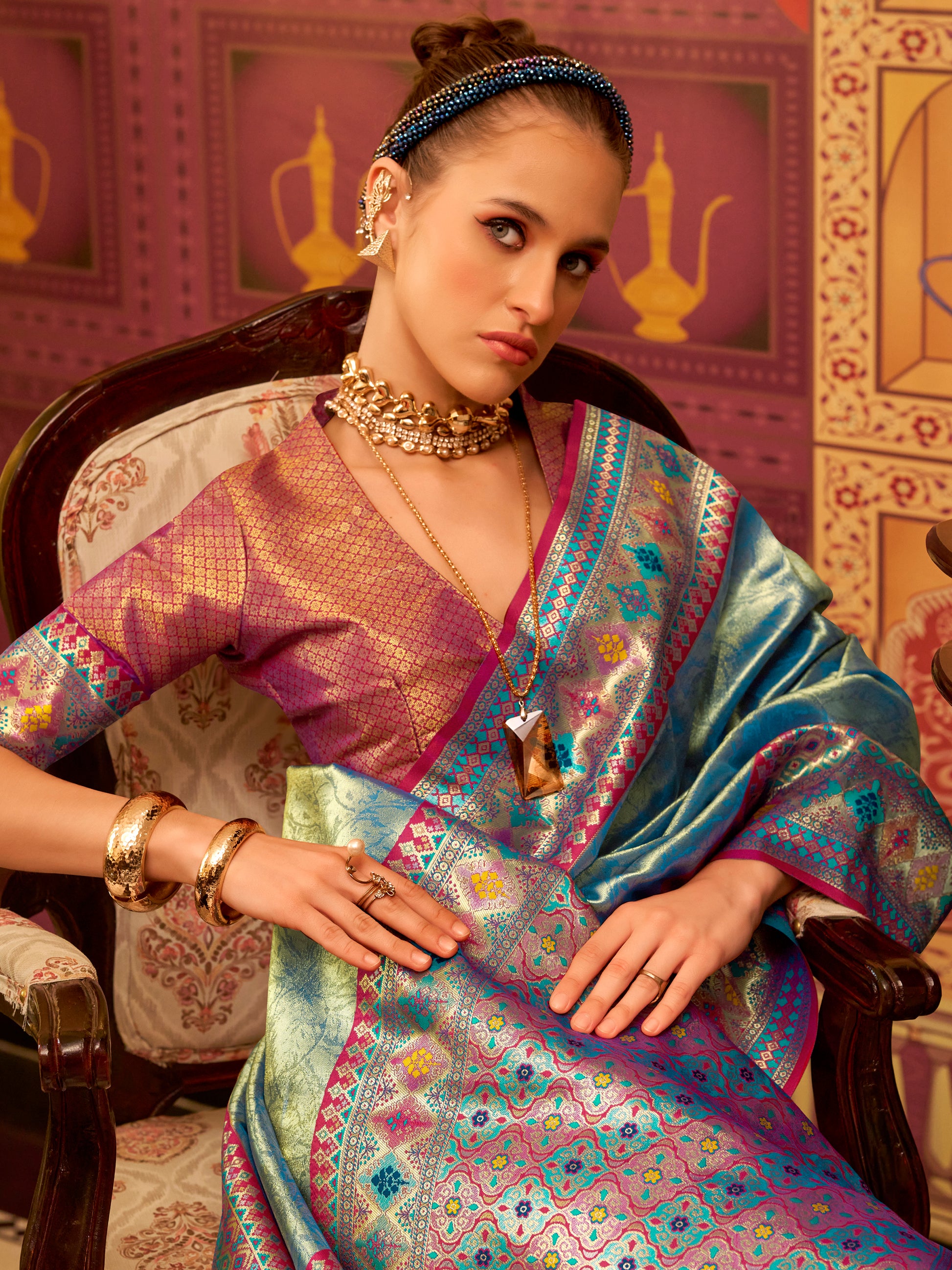 Stunning Teal Blue Zari Weaving Tissue Silk Festive Wear Saree With Blouse