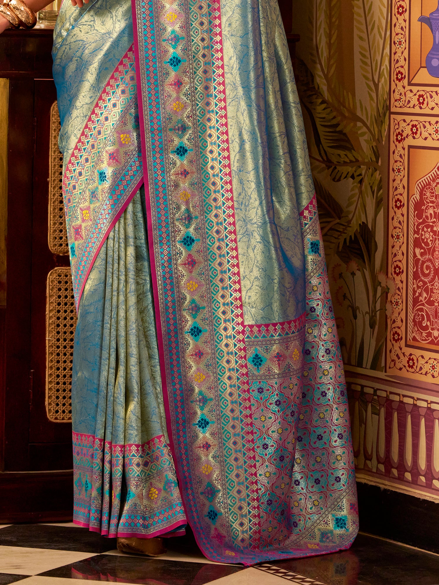 Stunning Teal Blue Zari Weaving Tissue Silk Festive Wear Saree With Blouse