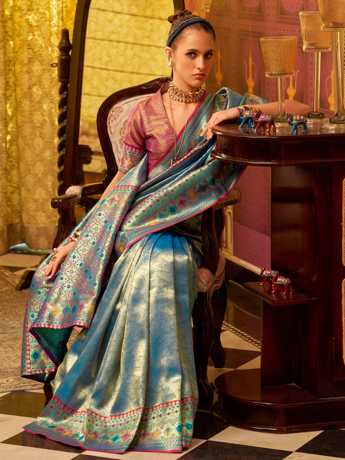 Stunning Teal Blue Zari Weaving Tissue Silk Festive Wear Saree With Blouse