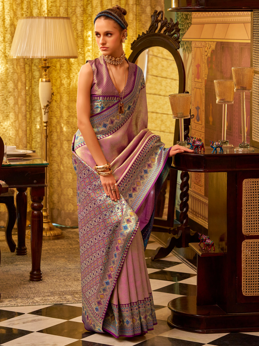 Gorgeous Purple Zari Weaving Tissue Silk Saree With Blouse