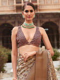 Stunning Brown Printed Tissue Silk Traditional Saree With Blouse
