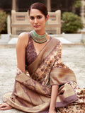 Stunning Brown Printed Tissue Silk Traditional Saree With Blouse
