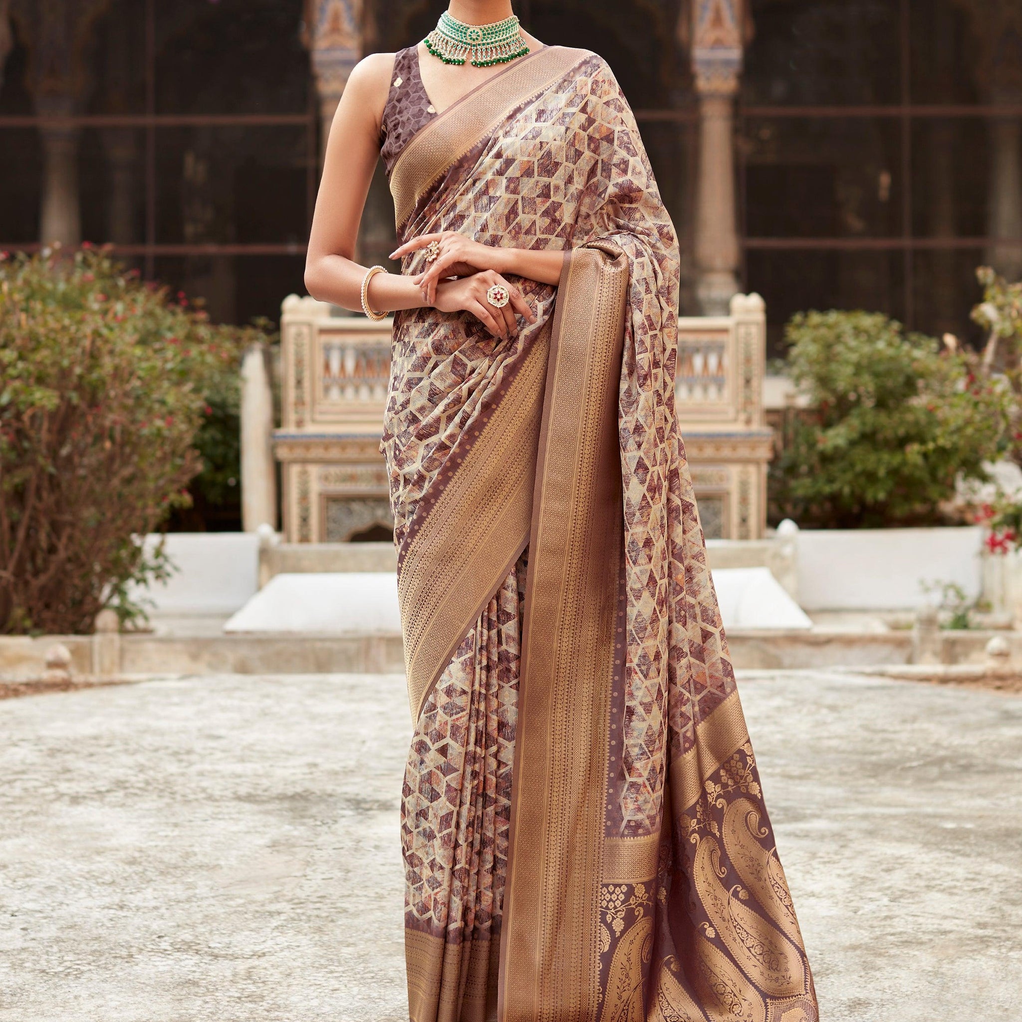 Stunning Brown Printed Tissue Silk Traditional Saree With Blouse